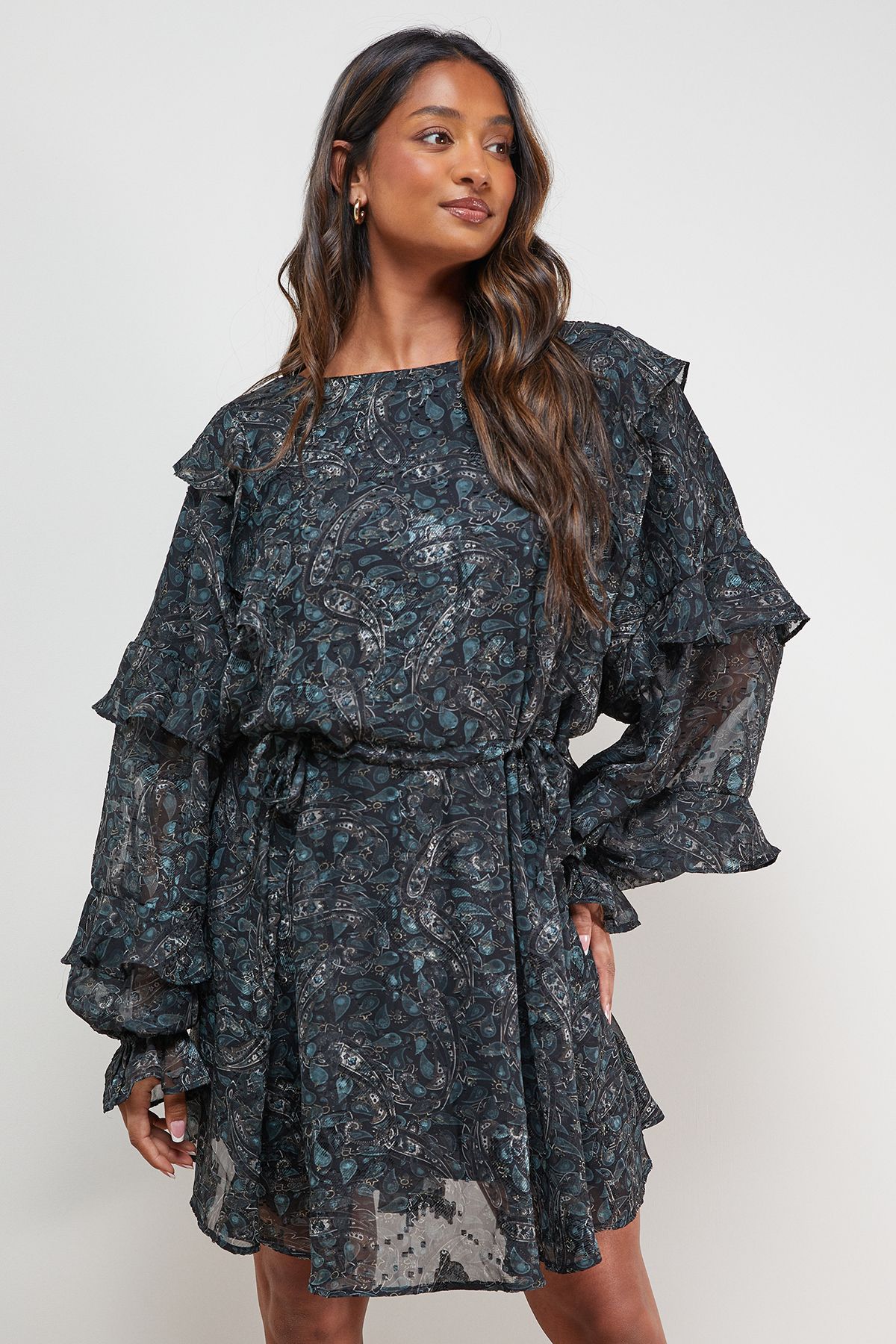 Oasis Printed Ruffle Batwing Sleeve Mini Dress Multi image 1