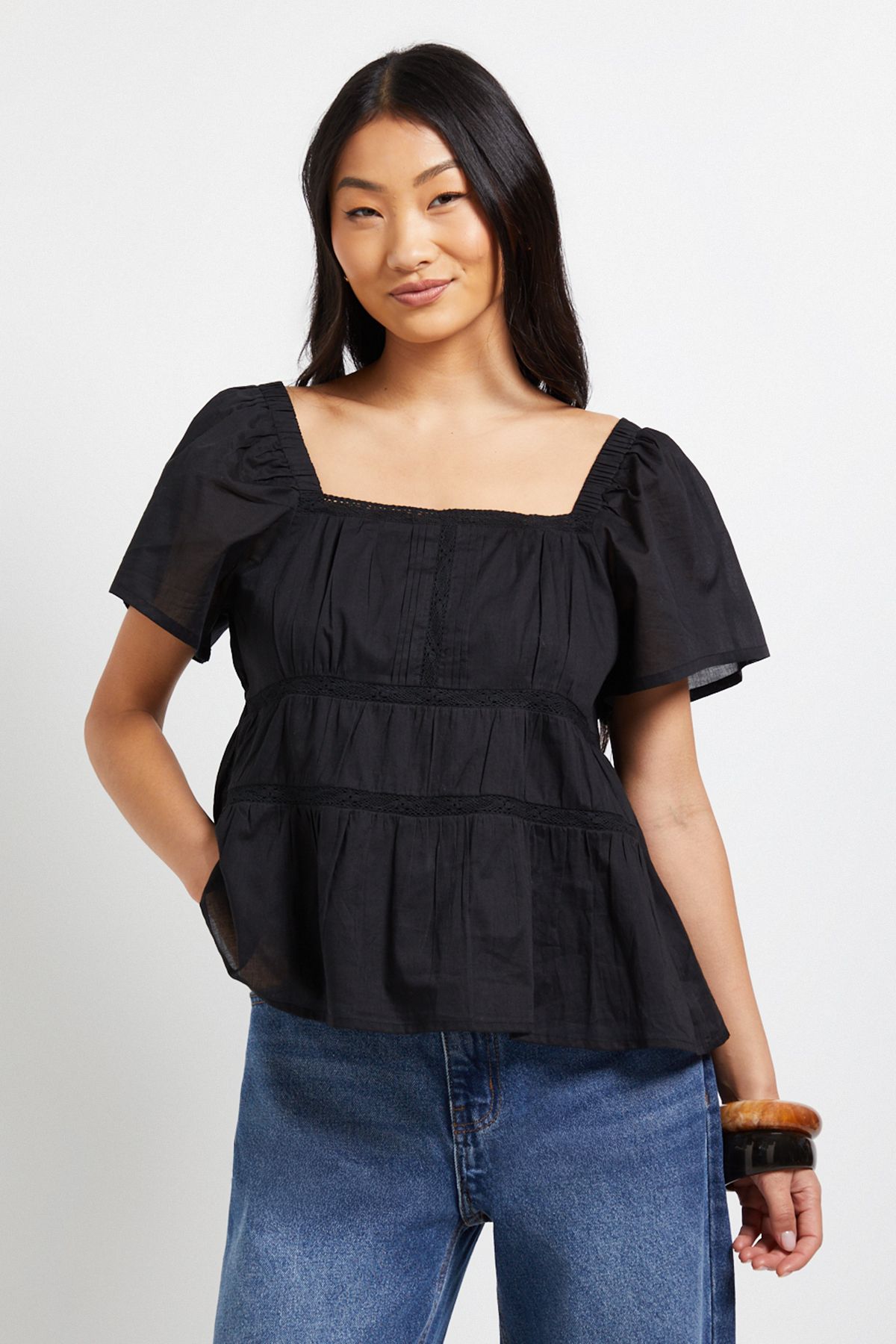 Dorothy Perkins Petite Lace Insert Angel Sleeve Top Black