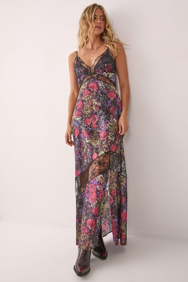 NastyGal Satin Animal Floral Cutwork Lace Maxi Slip Dress Animal