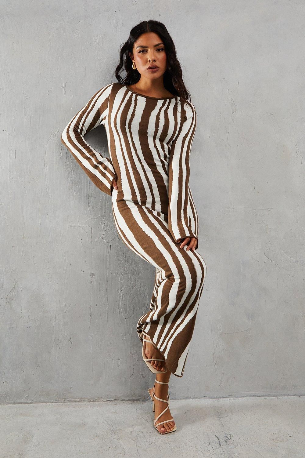 MissPap Knitted Printed Flute Sleeve Midaxi Dress Chocolate image 1