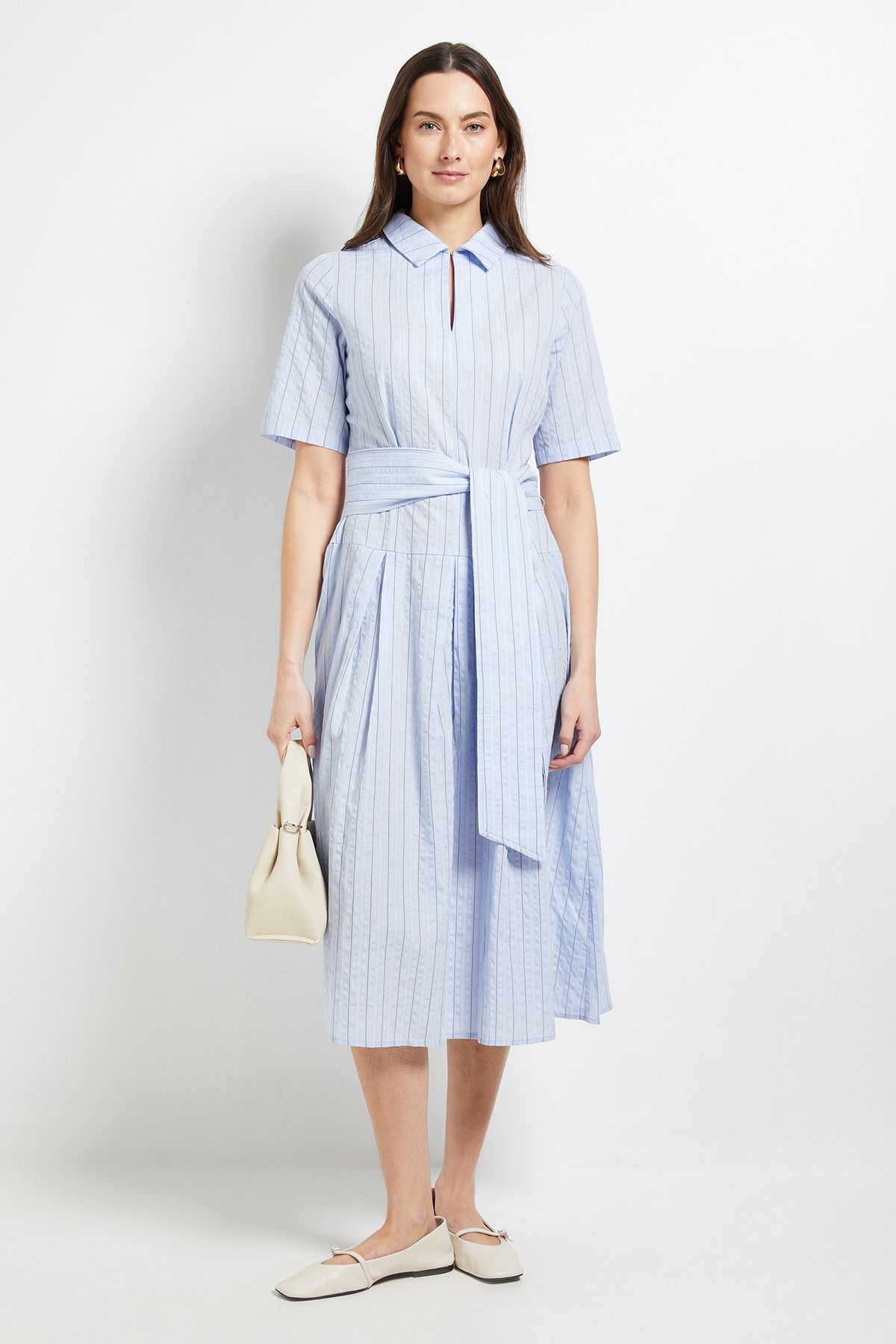 Principles Short Sleeve Collared Tie Waist Midi Dress Blue