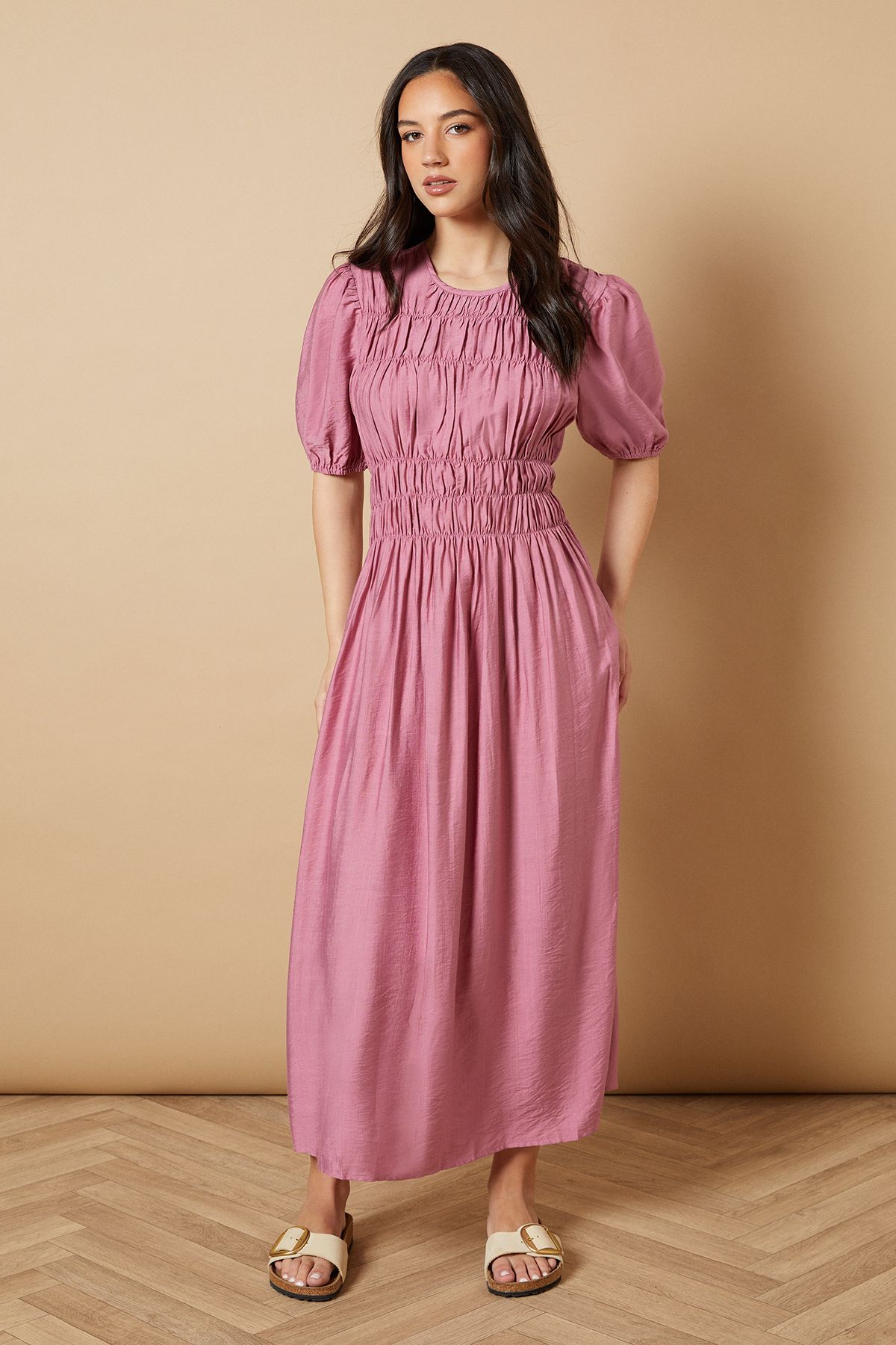 Oasis Shirred Bodice Puff Sleeve Midi Dress Pink image 1