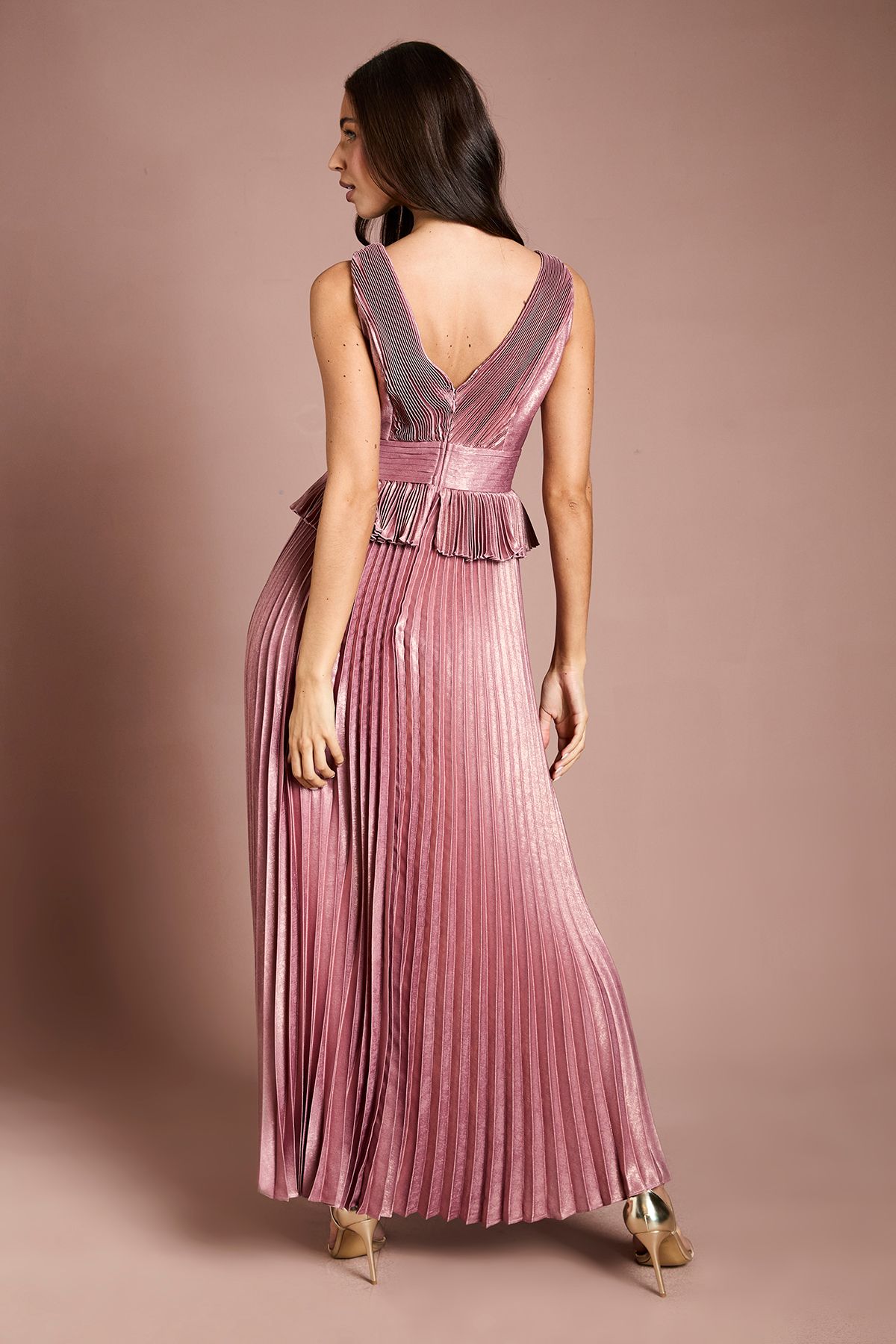 Coast Sleeveless Metallic Pleated Maxi Dress With Peplum Pink image 3