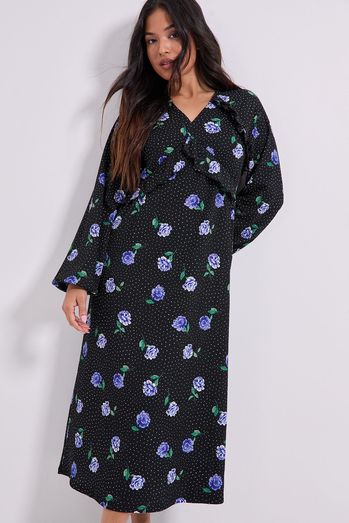 Dorothy Perkins Petite Floral Empire Seam Frill Detail Jersey Midi Dress Blue image 4