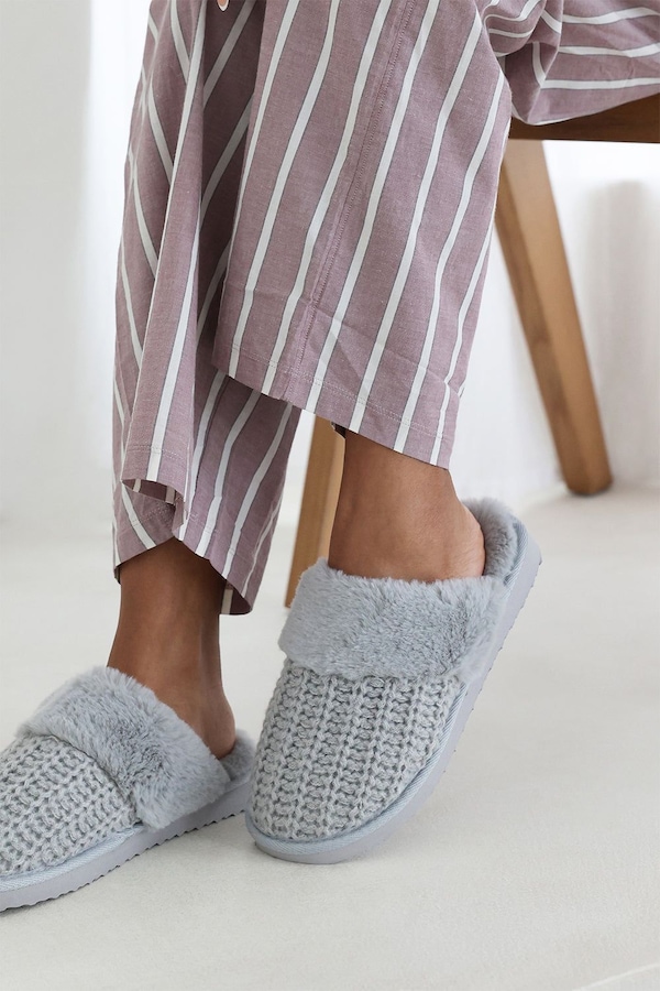 Where's That From 'Zadie' Knitted Mule Slippers With Soft Faux Fur Trim