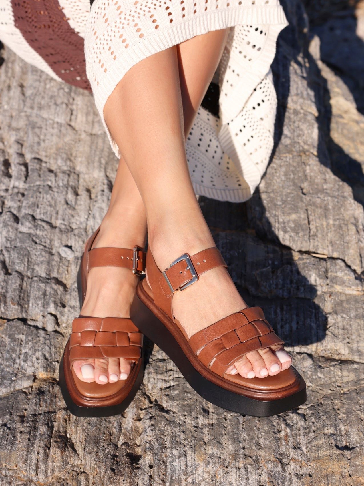 Linzi Zuri Tan Faux Leather Woven Flatform Sandals image 2