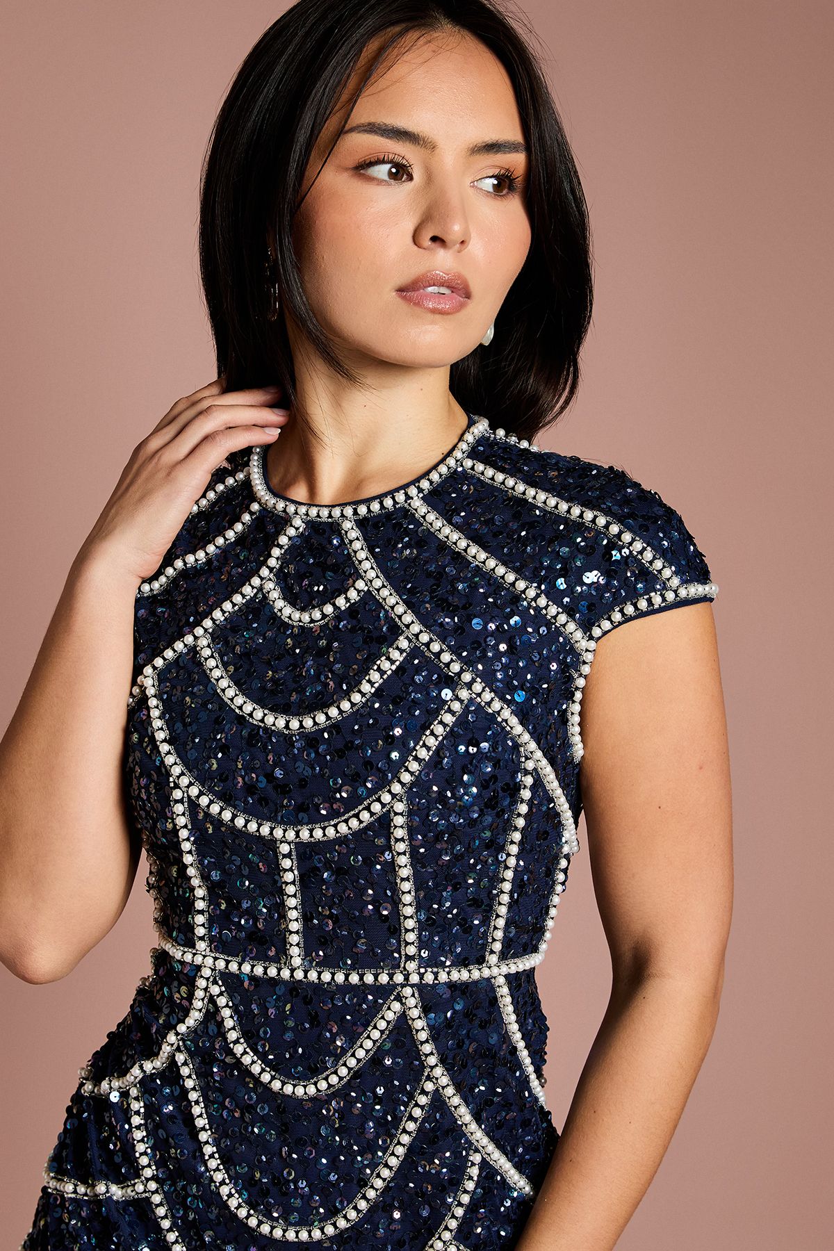 Coast Petite Cap Sleeve Pearl Embellished Pencil Dress Navy image 4