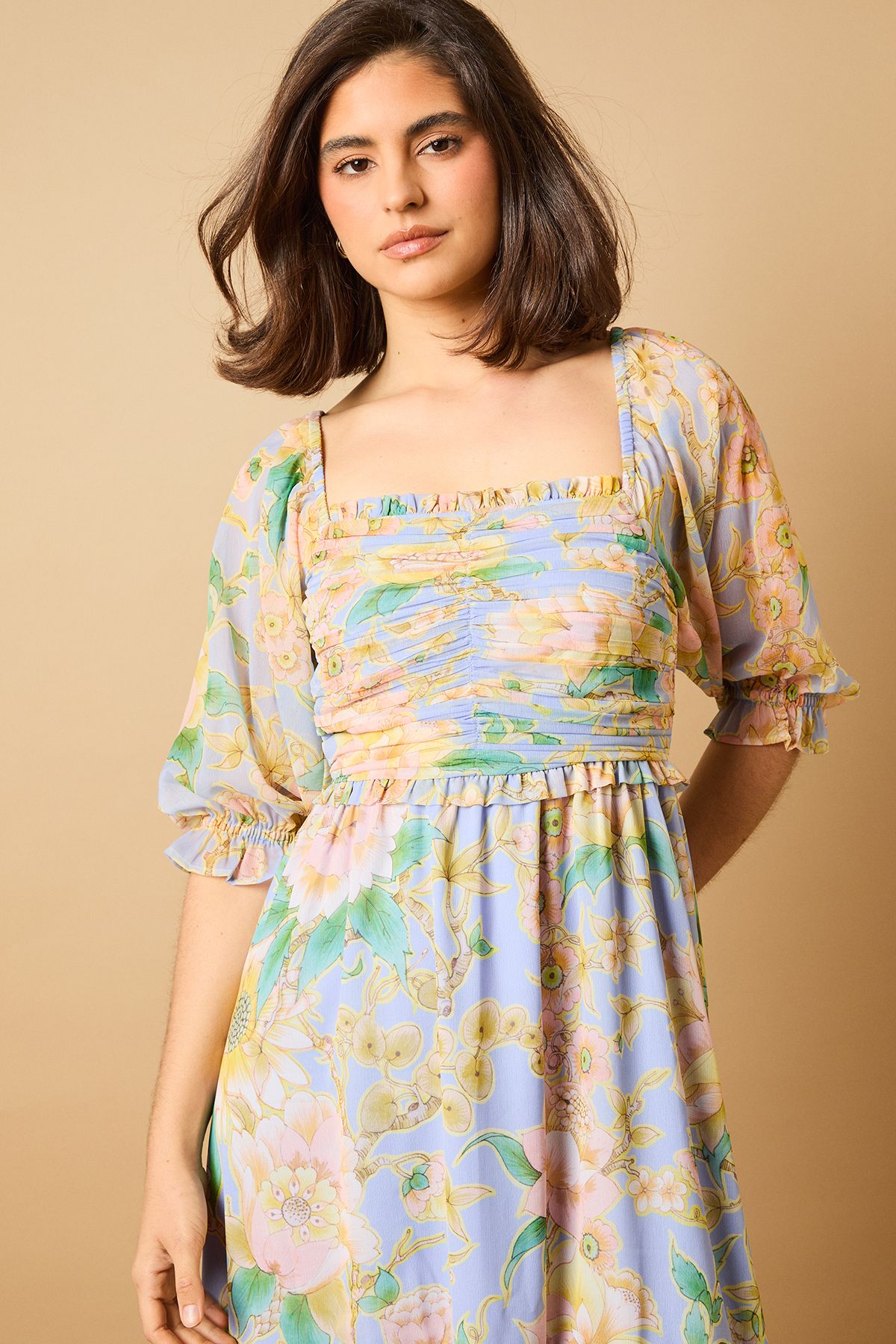 Oasis Floral Babydoll High Low Hem Dress Blue image 3