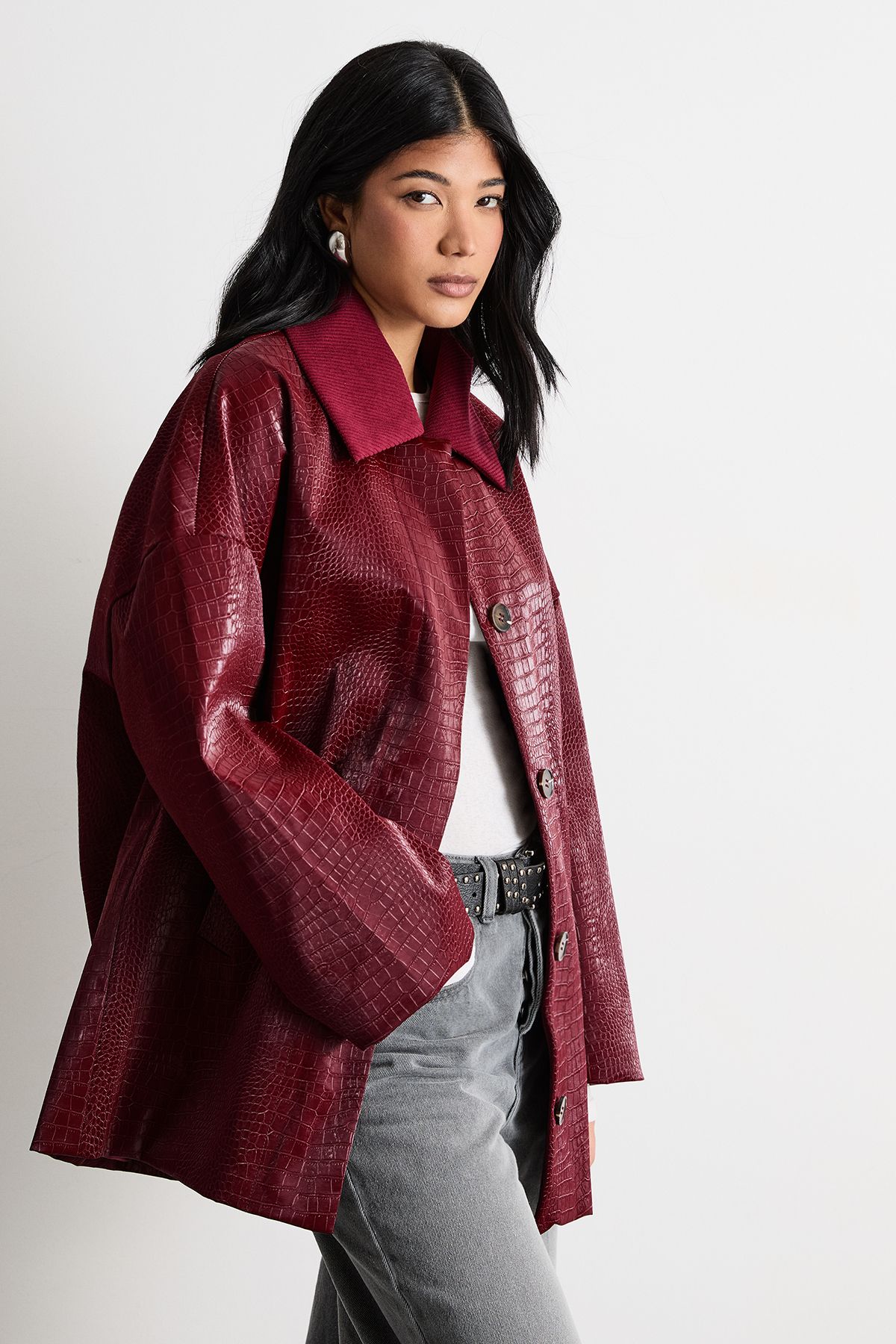 Warehouse Oversized Collared Croc Coat Dark Red image 1