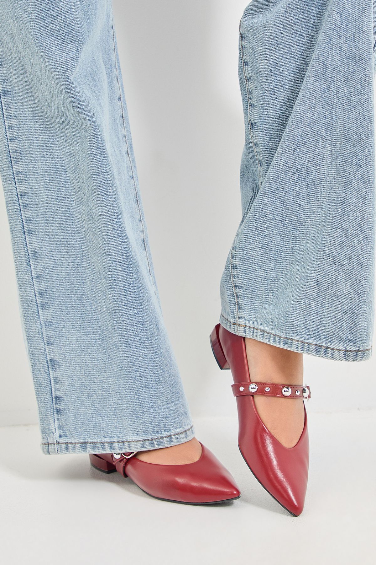 MissPap Faux Leather Studded Mary Jane Pointed Ballet Pumps Burgundy image 1