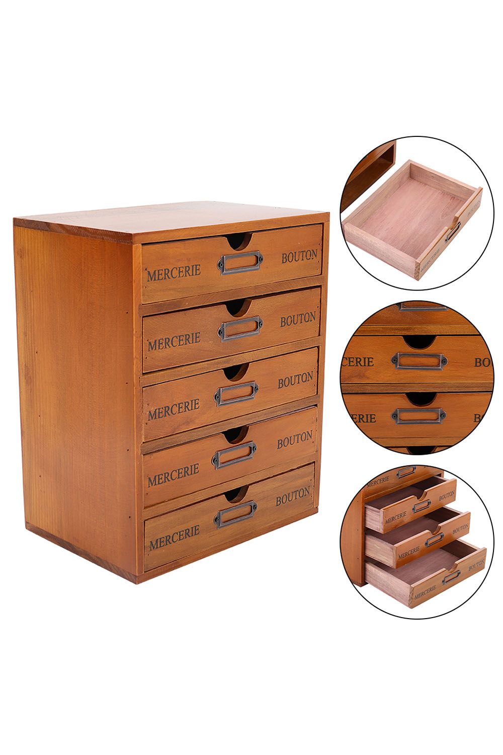 Living and Home Vintage Wooden Storage Box Brown Home Office Desk Organizer With 5 Drawers image 4