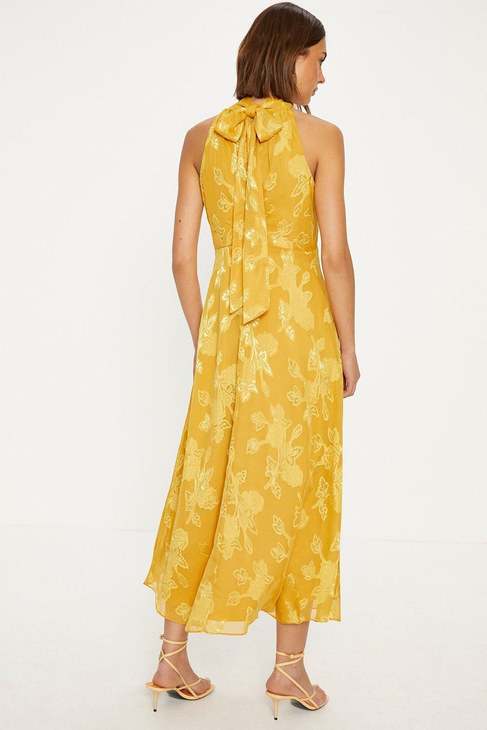 Oasis Floral Satin Burnout Halter Midi Dress Ochre image 3