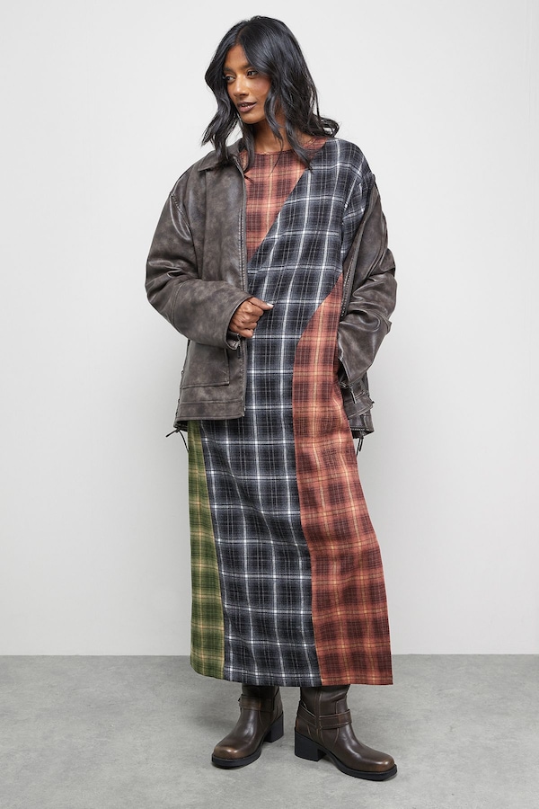 Warehouse Mixed Panelled Check Oversized Midi T-Shirt Dress Multi