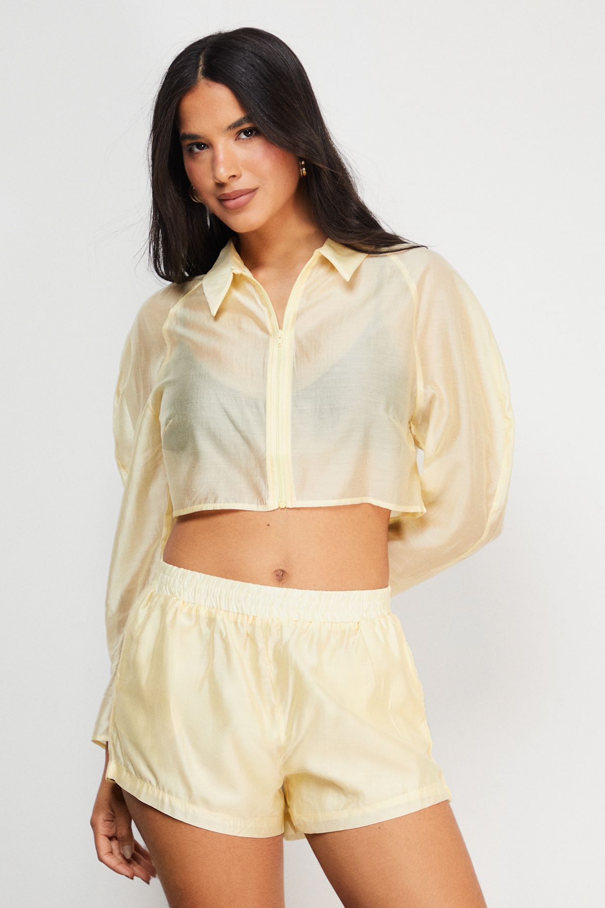 Warehouse Organza Boxy Zip Through Shirt Yellow image 1
