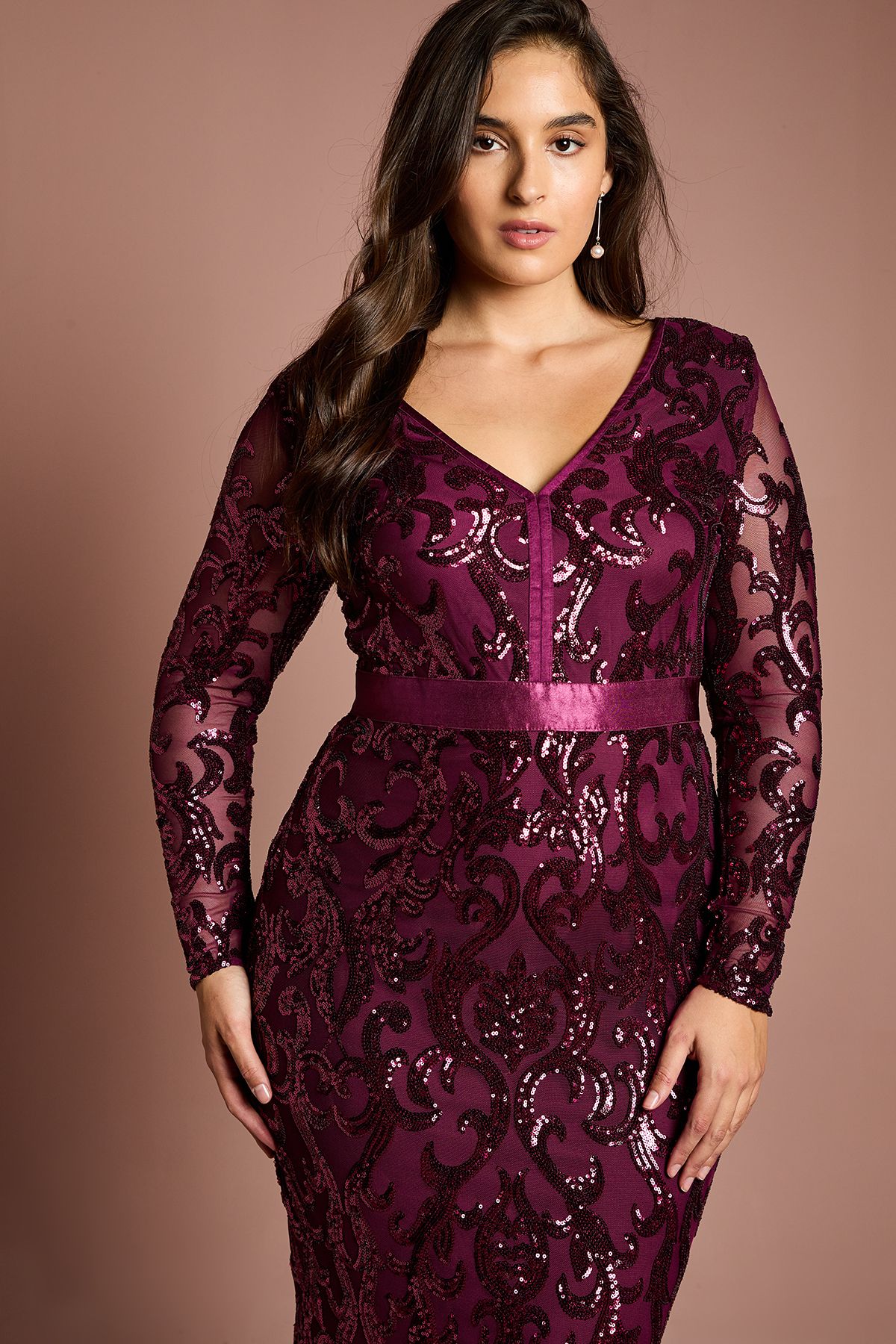 Coast Plus Size Long Sleeve Sequin Maxi Dress Burgundy image 2