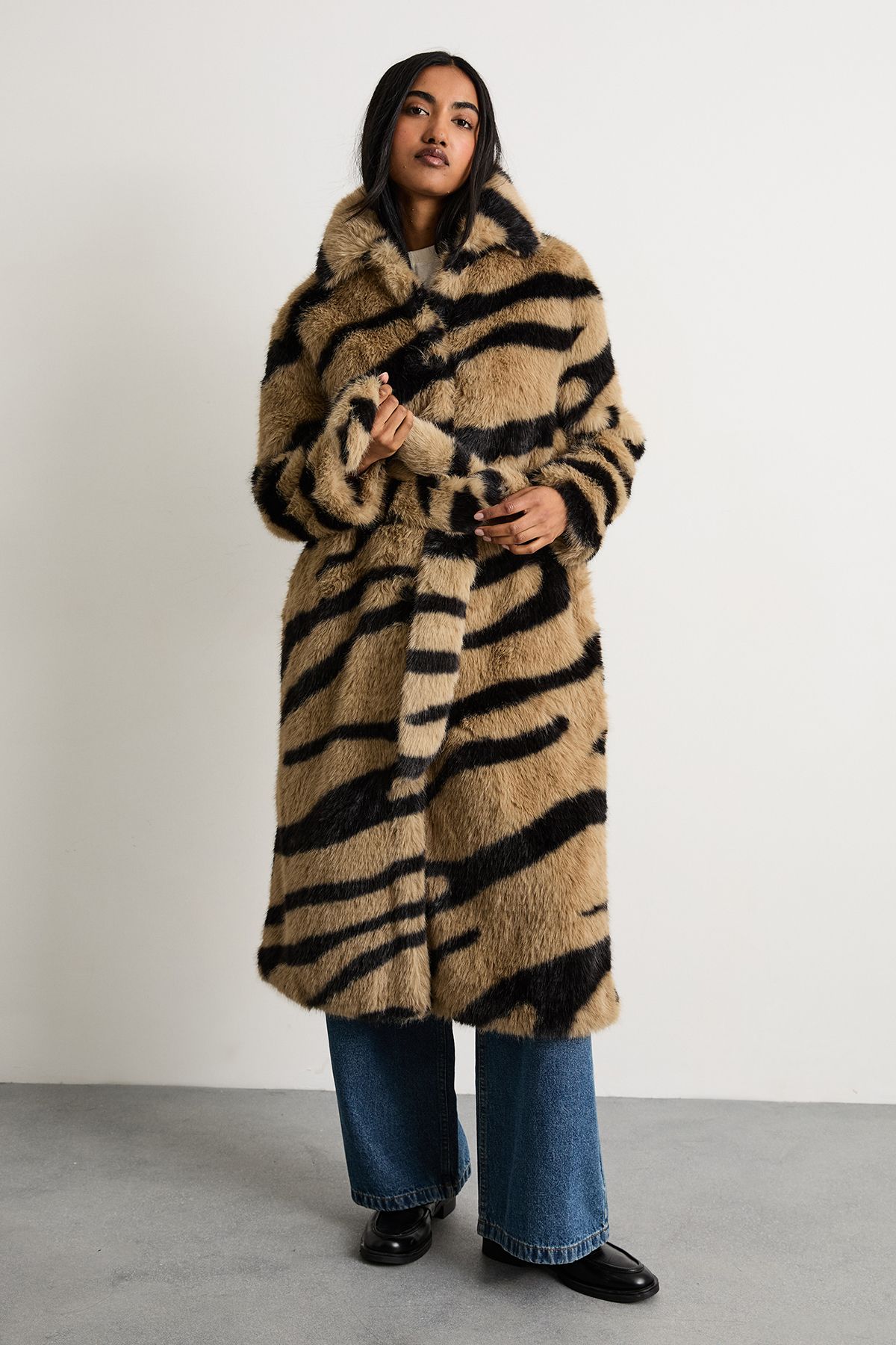 Warehouse Tiger Print Faux Fur Coat Zebra