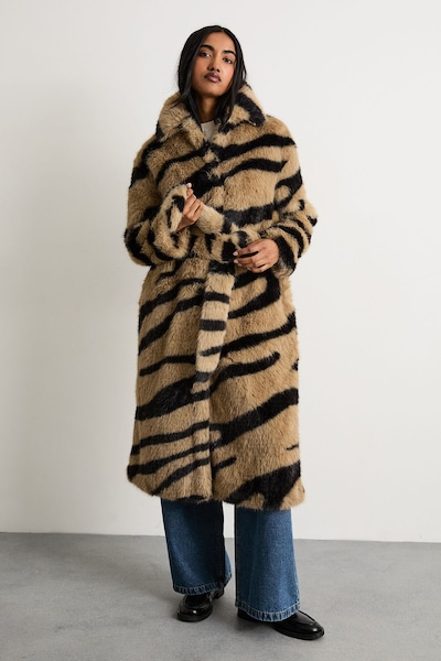 Warehouse Tiger Print Faux Fur Coat Zebra