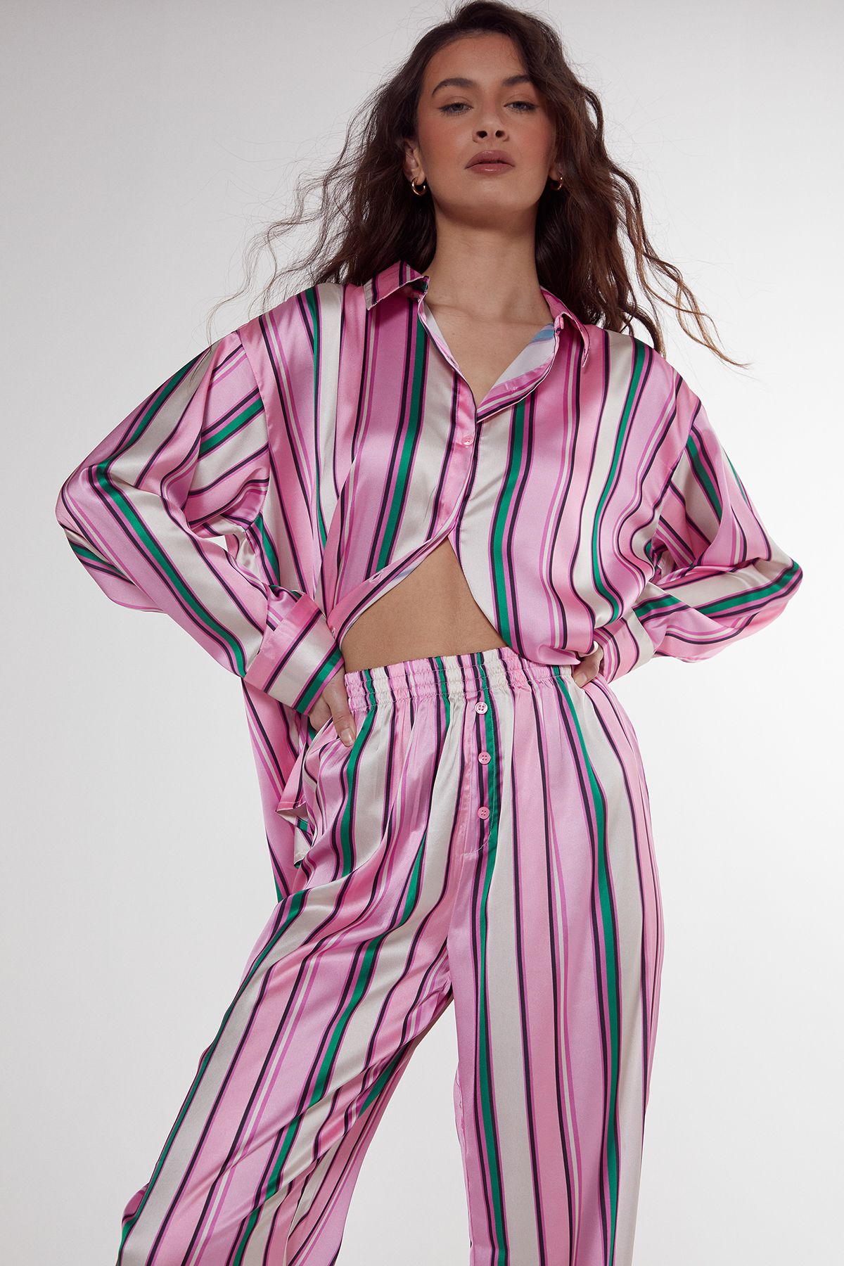 NastyGal Satin Multi Stripe Oversized Shirt And Pants Pajama Set Pink image 2