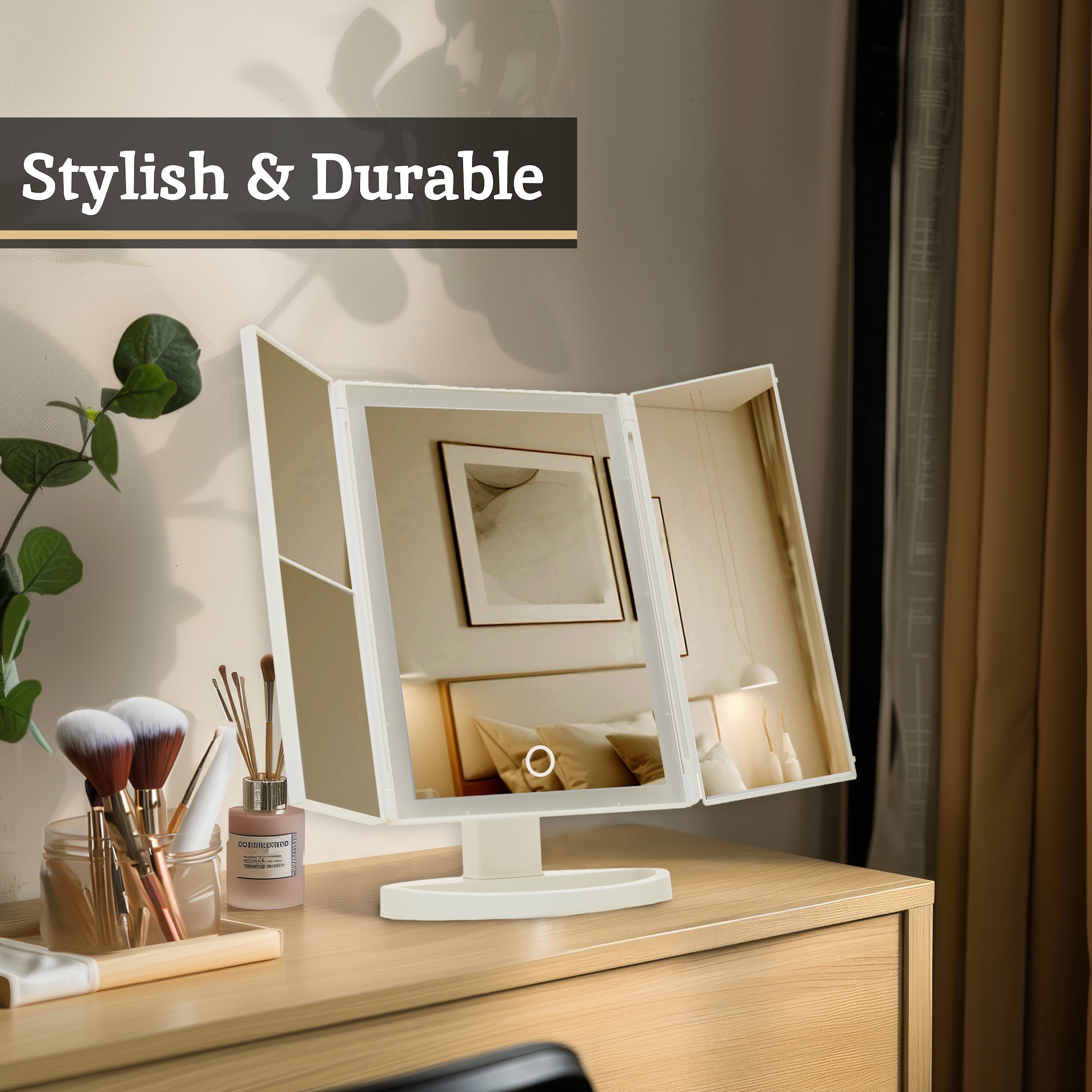 Orsina 180 Degree Rotatable Tri Fold White Table Mirror, TriFold Design Table Mirror, Versatile Small Table Mirror image 6
