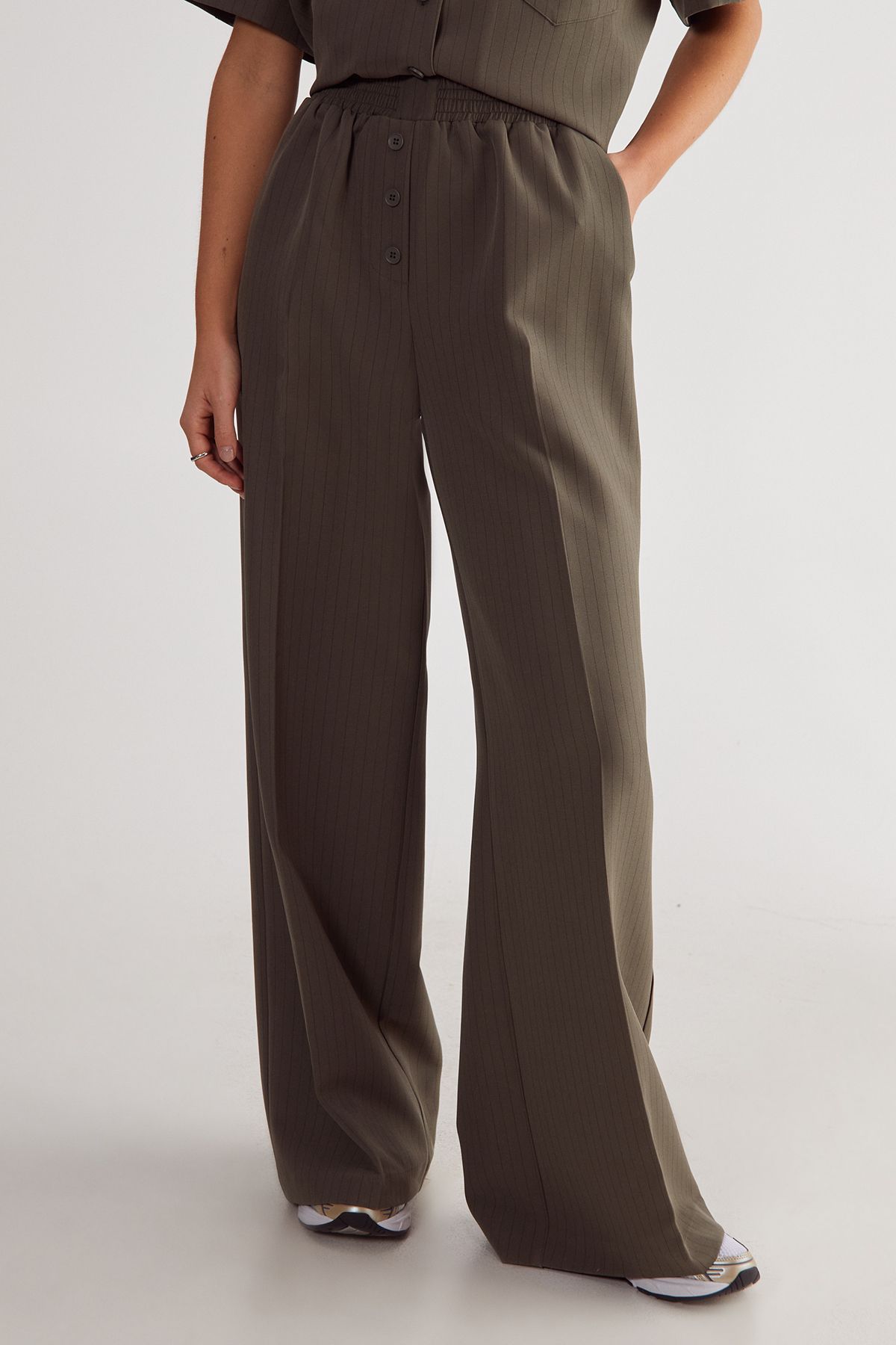 NastyGal Pinstripe Button Front Detail Tailored Trouser. Khaki