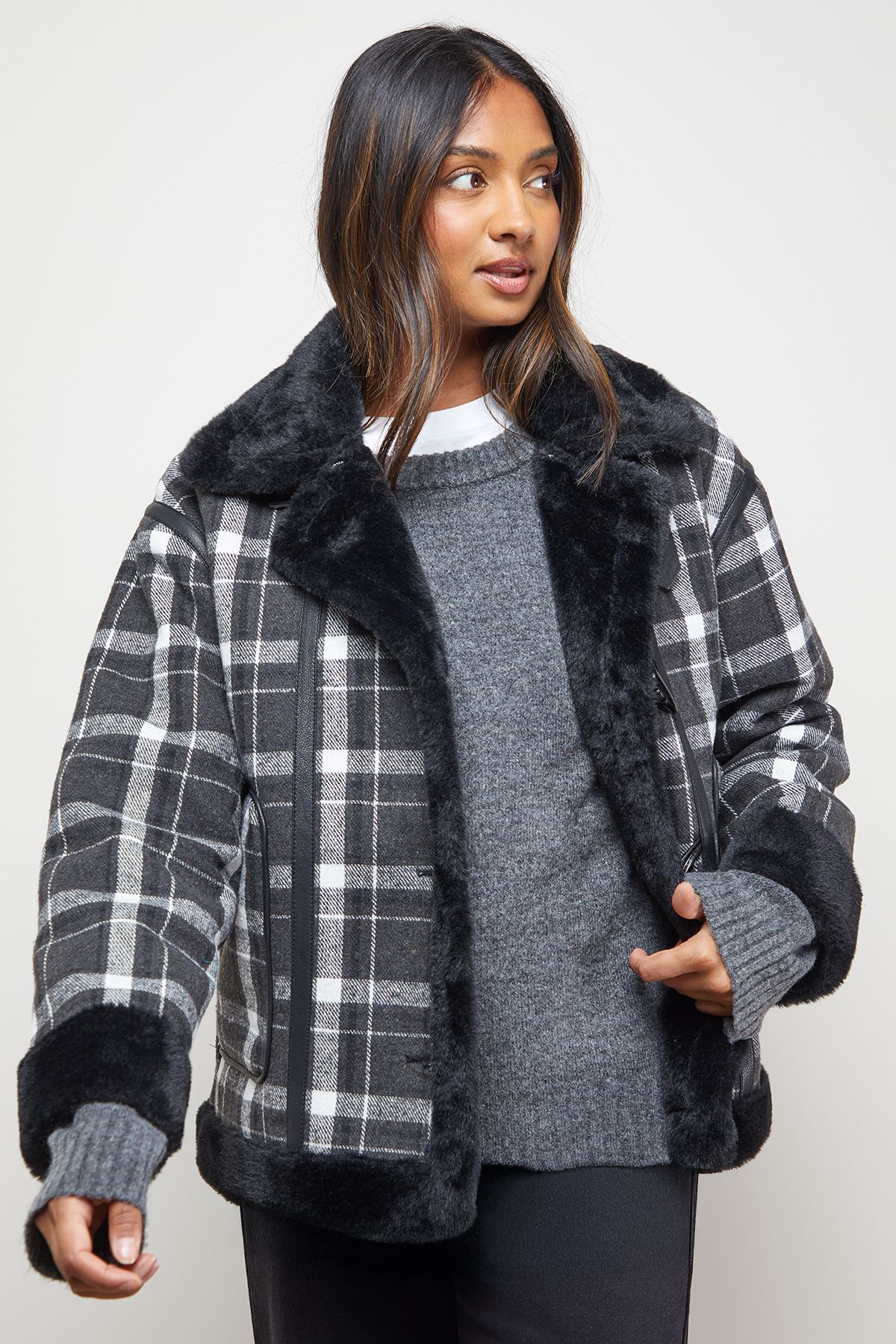 Oasis Shearling Trim Check Coat Mono image 2