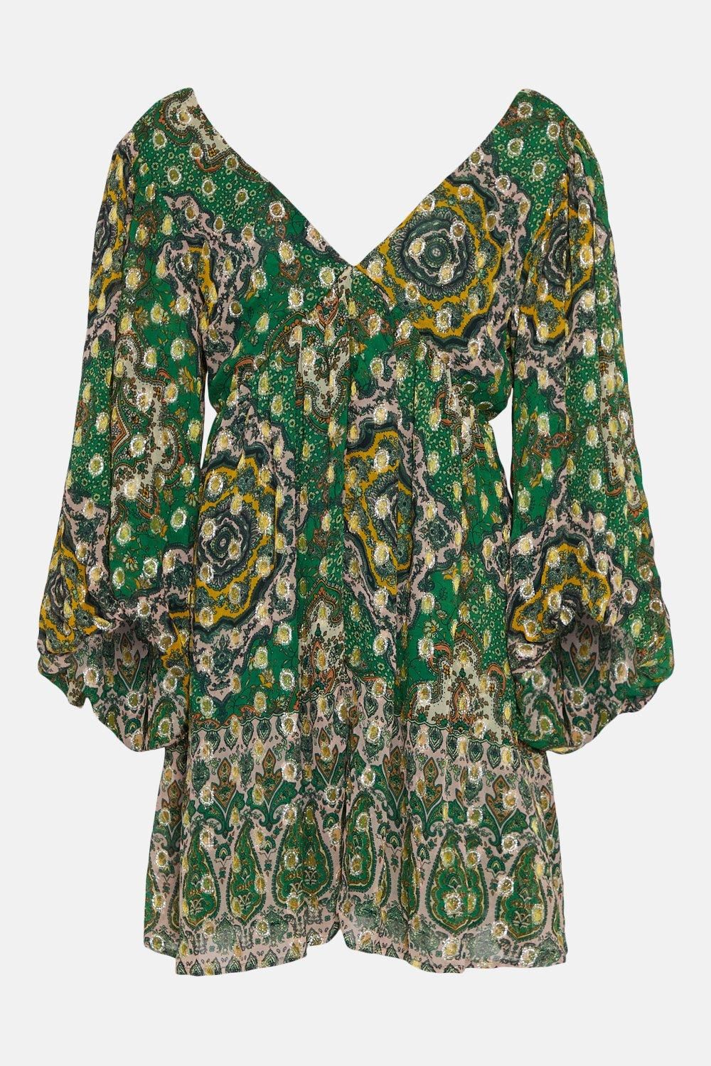 Warehouse Sparkle Border Print V Neck Mini Dress Green image 4