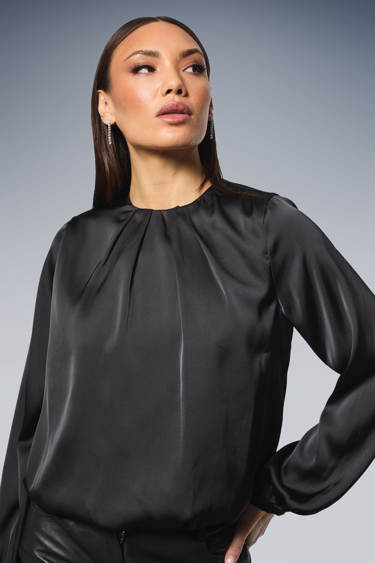 Principles Black Gathered Neck Tie Waist Satin Blouse Black image 4