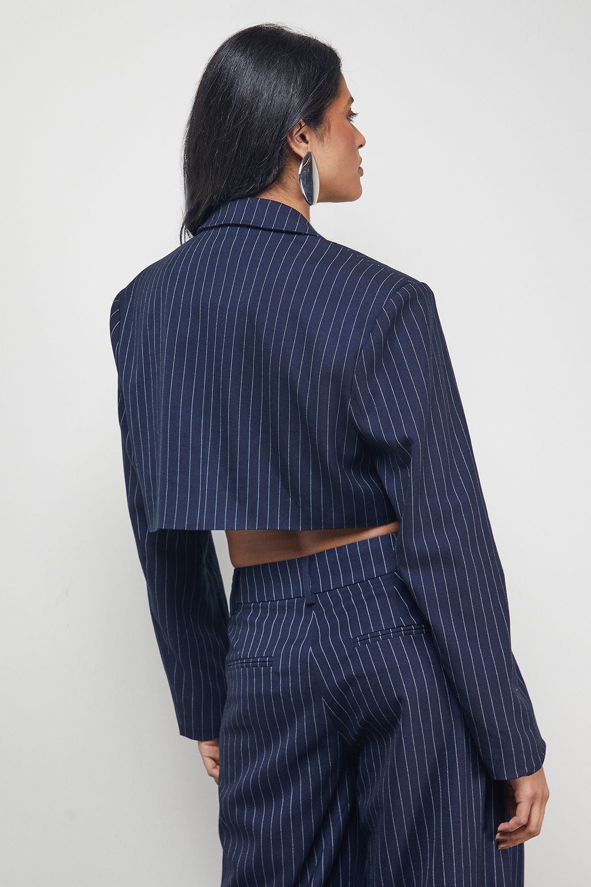 Warehouse Navy Pinstripe Cropped Blazer Co-ord Navy image 3