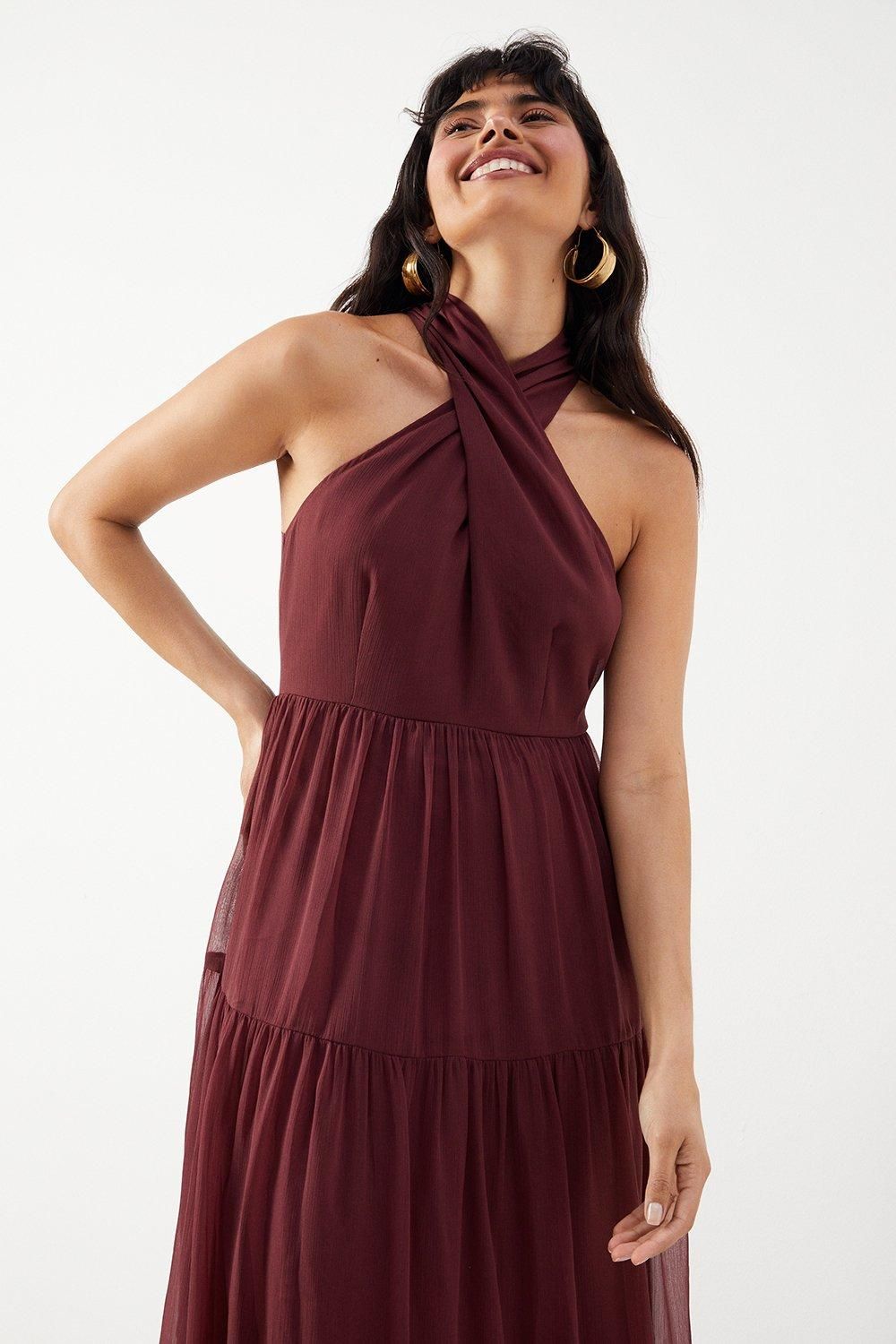 Warehouse Chiffon Halter Tier Maxi Dress Chocolate image 4