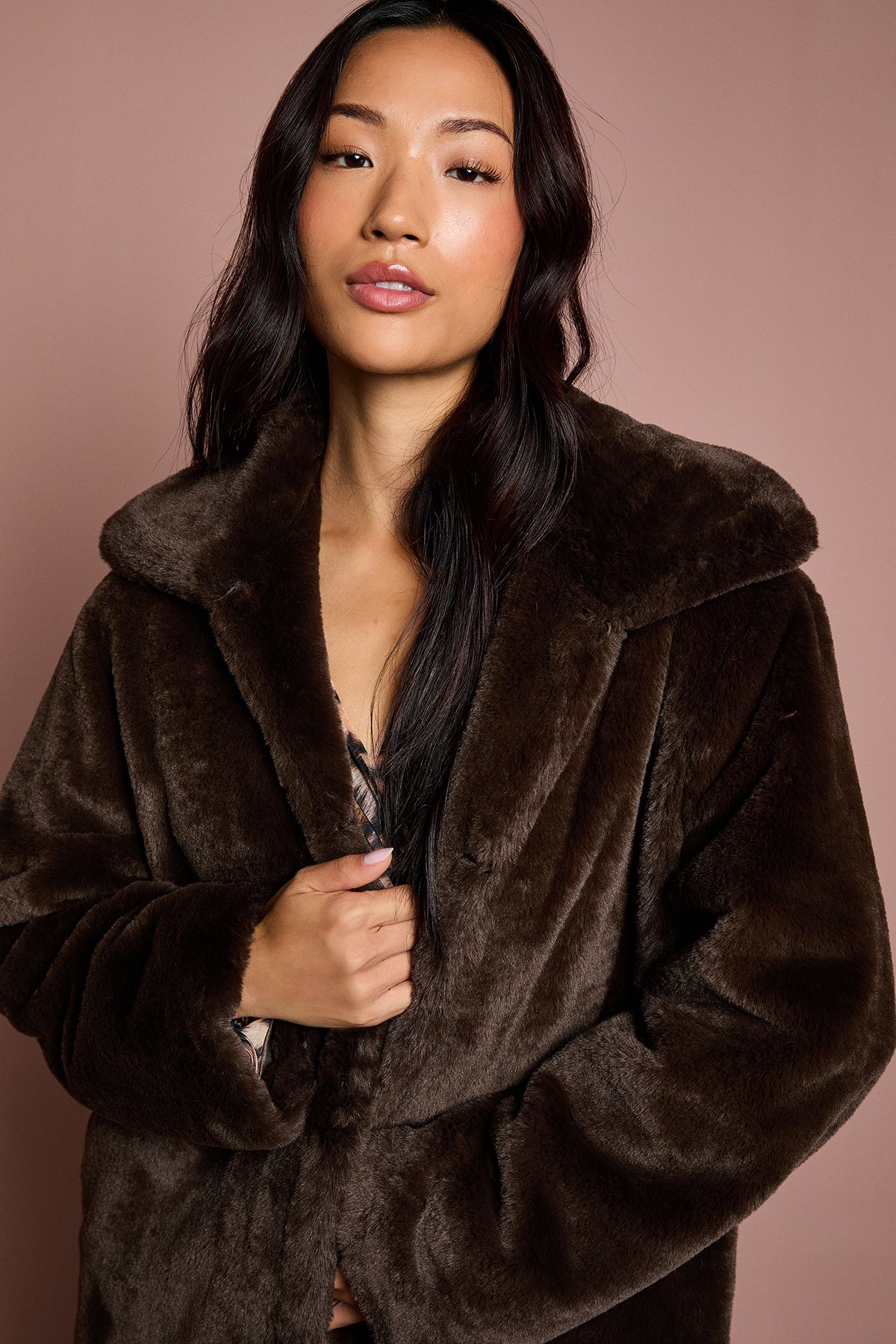 Coast Chocolate Faux Fur Longline Collared Coat Chocolate image 4