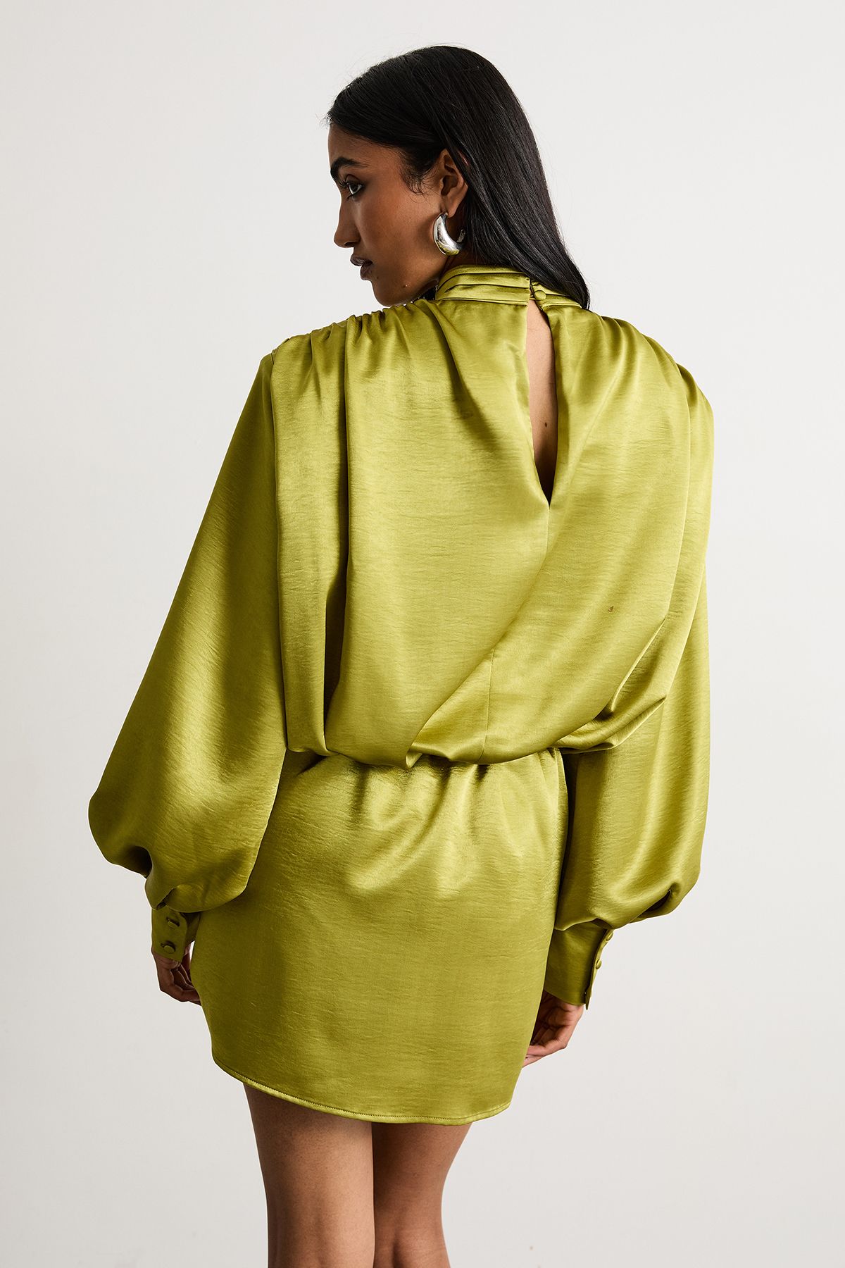 Warehouse Extreme Shoulder Draped Satin Mini Dress Chartreuse image 3