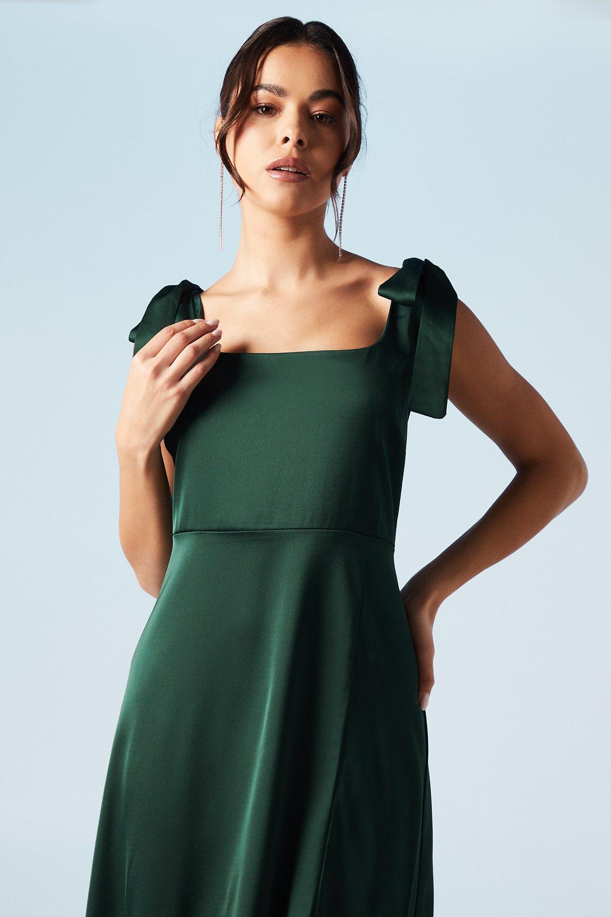 Oasis Satin Tie Shoulder Midi Bridesmaids Dress Emerald image 4