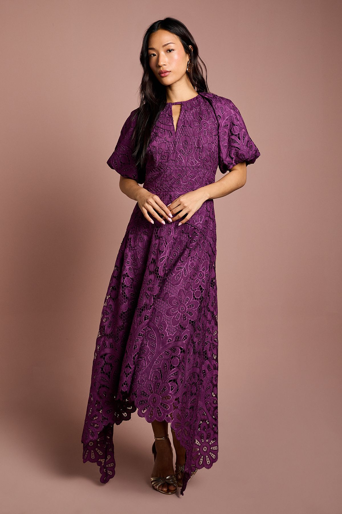 Coast Lace Hanky Hem Puff Sleeve Dress Plum image 1