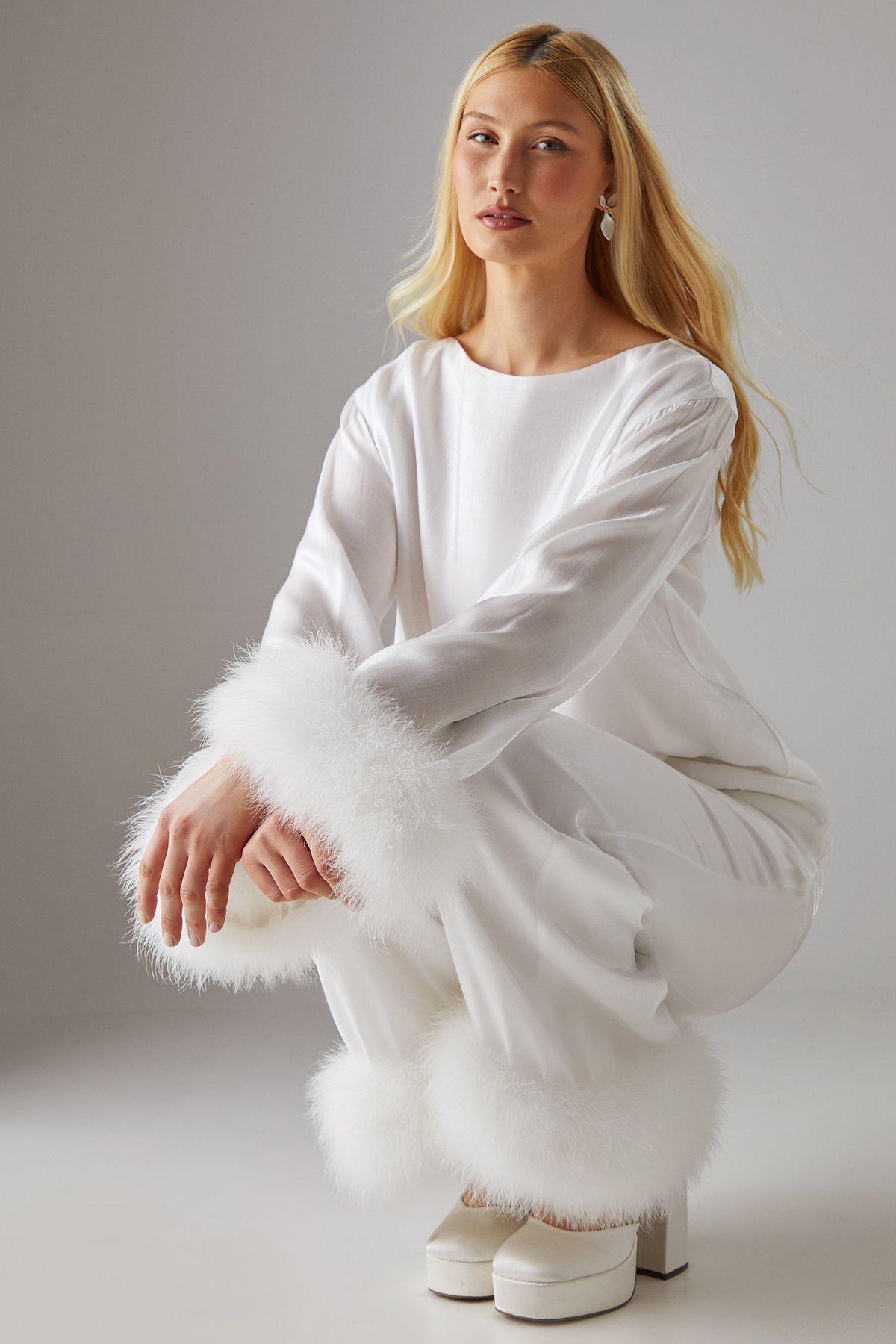 Warehouse Premium Iridescent Feather Cuff Wide Leg Trousers Ivory image 2