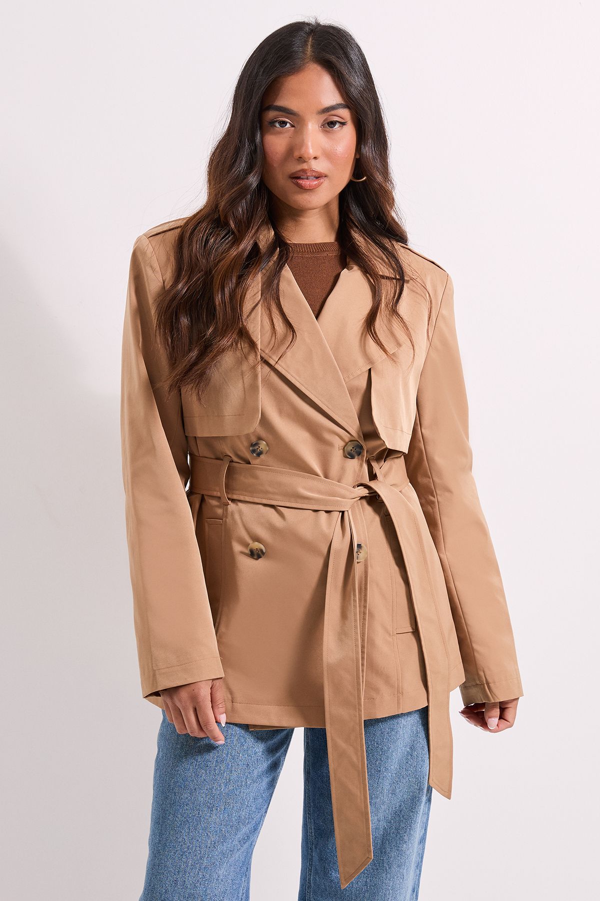 Dorothy Perkins Petite Double Breasted Belted Trench Coat Camel image 1