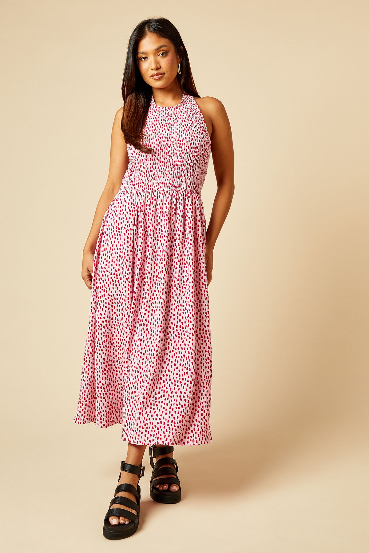Dorothy Perkins Petite Pink Spot Shirred Bodice Halterneck Jersey Midi Dress Pink