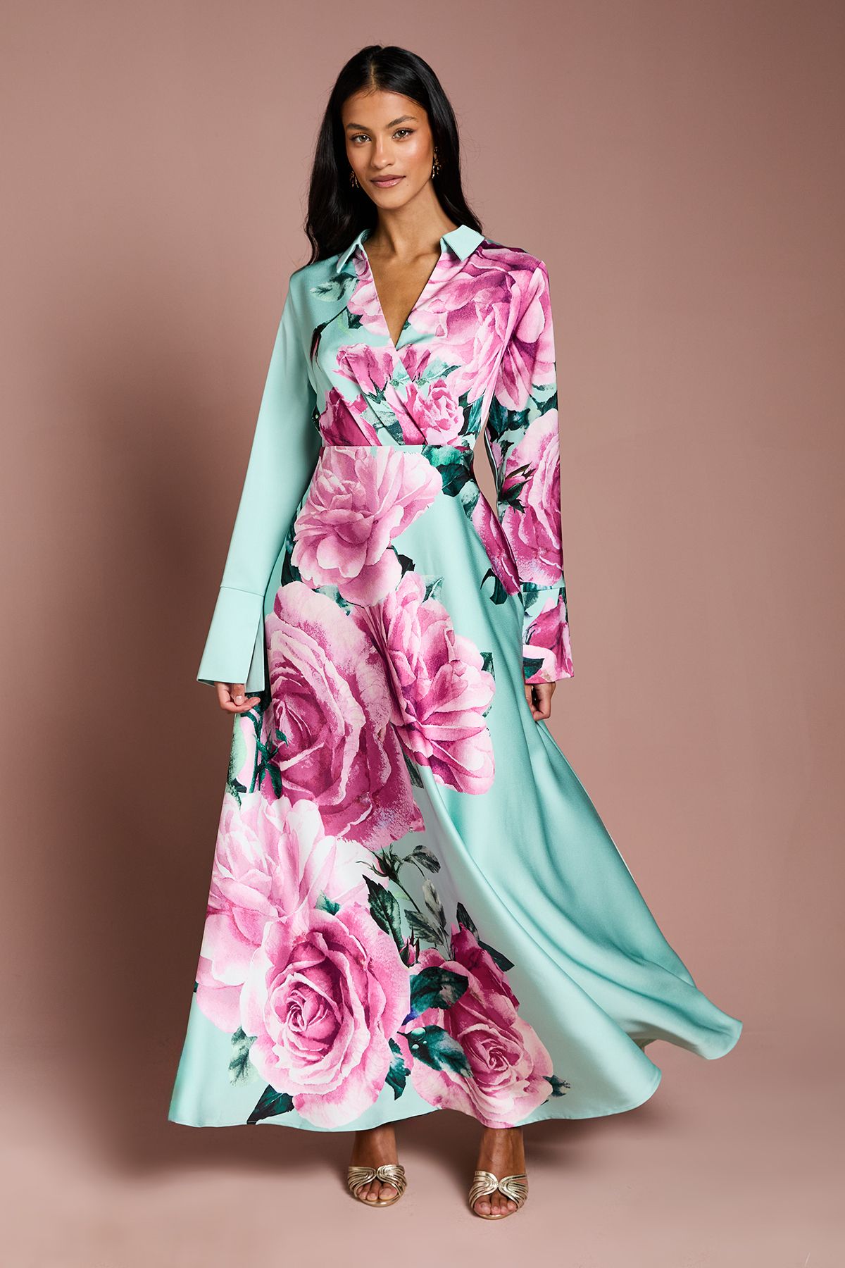 Coast Petite Placement Print Wrap Front Gown Sage image 1