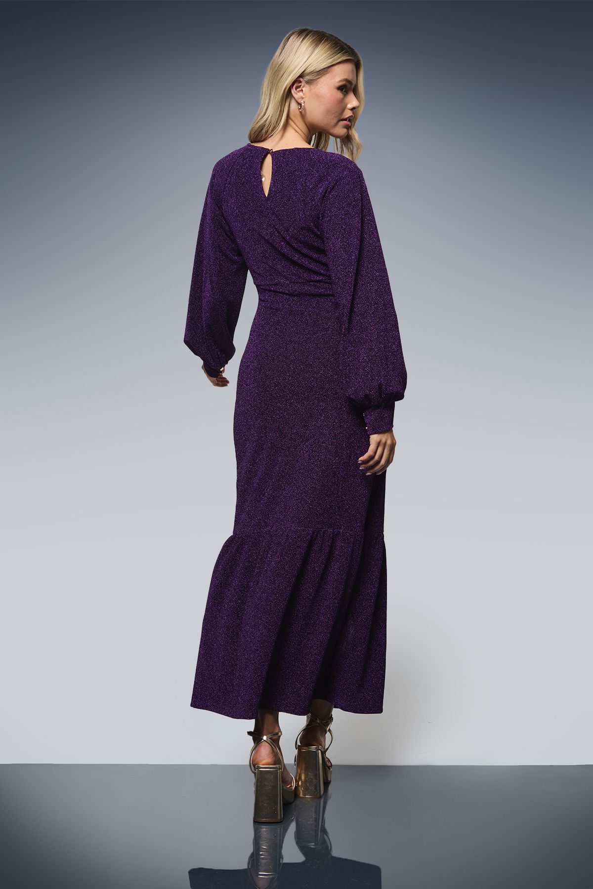 Dorothy Perkins DP Luxe Gathered Neck Split Front Sparkle Jersey Midaxi Dress Purple image 3