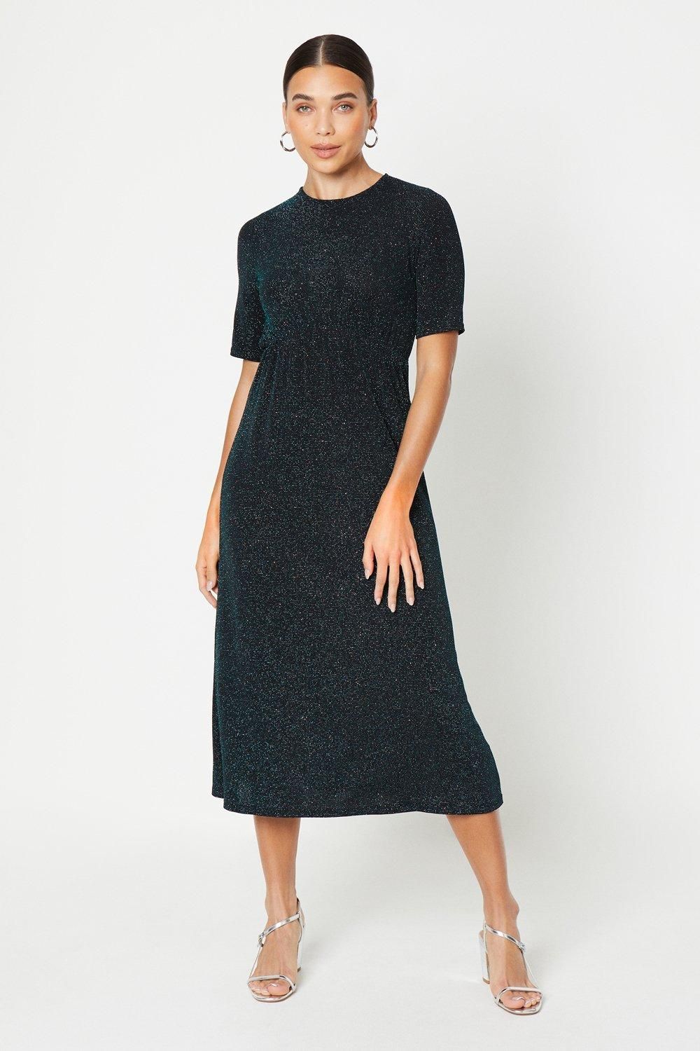 Dorothy Perkins Petite Glitter Flutter Sleeve Midi Dress Green