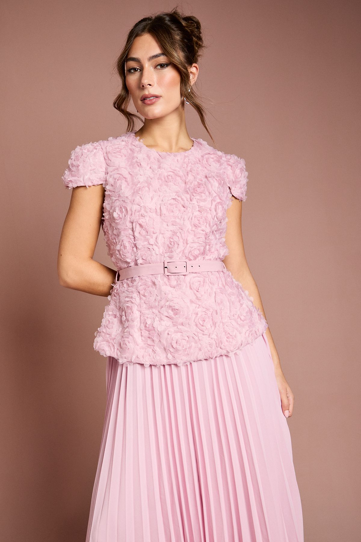 Coast Short Sleeve 3D Flower Belted Midi Dress Pale Pink image 2