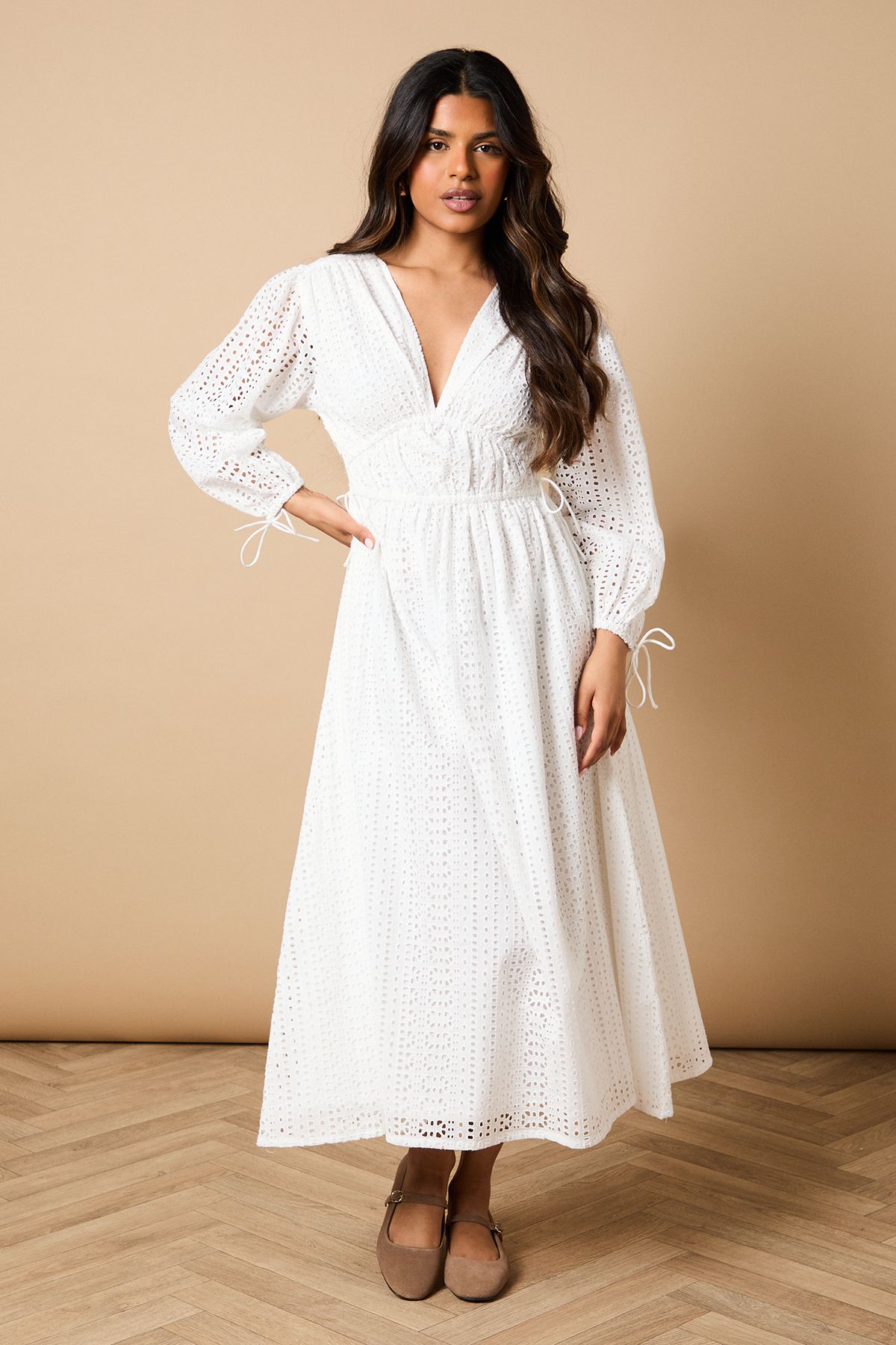 Oasis Petite Broderie Tie Front Puff Sleeve Midi Dress White image 1