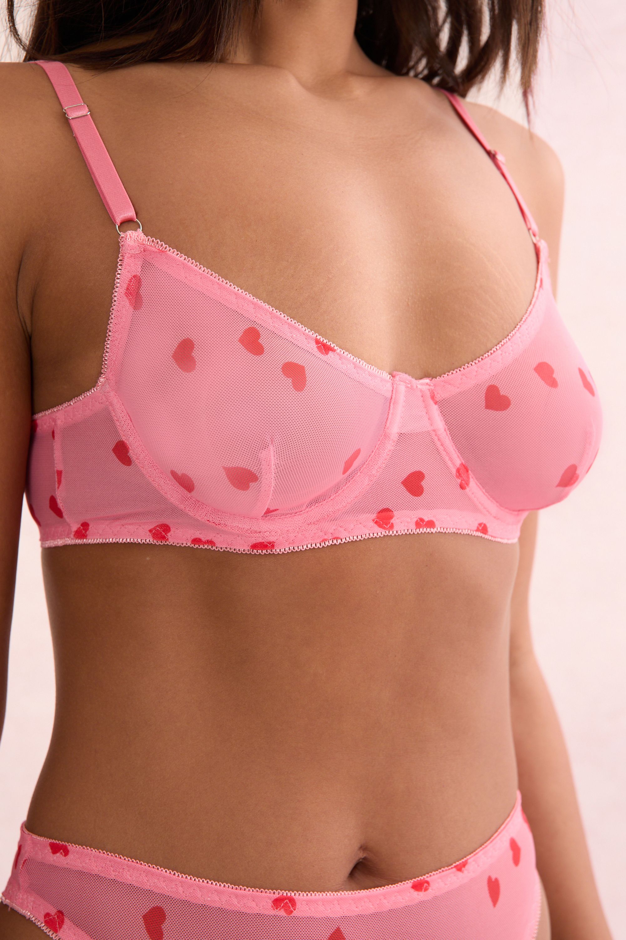NastyGal Heart Print Mesh Underwire Set Pink image 3