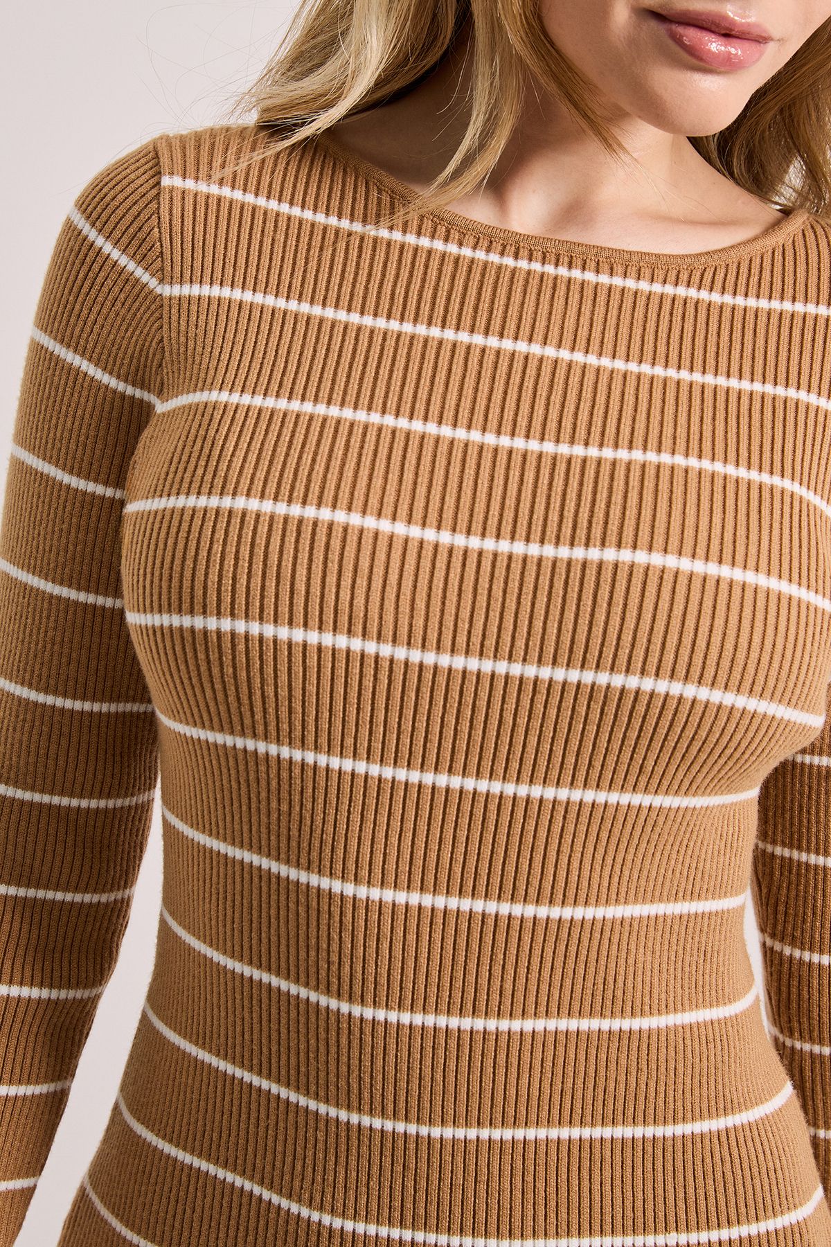 Dorothy Perkins Camel Slim Slash  Neck Knitted Mini Dress Camel image 5