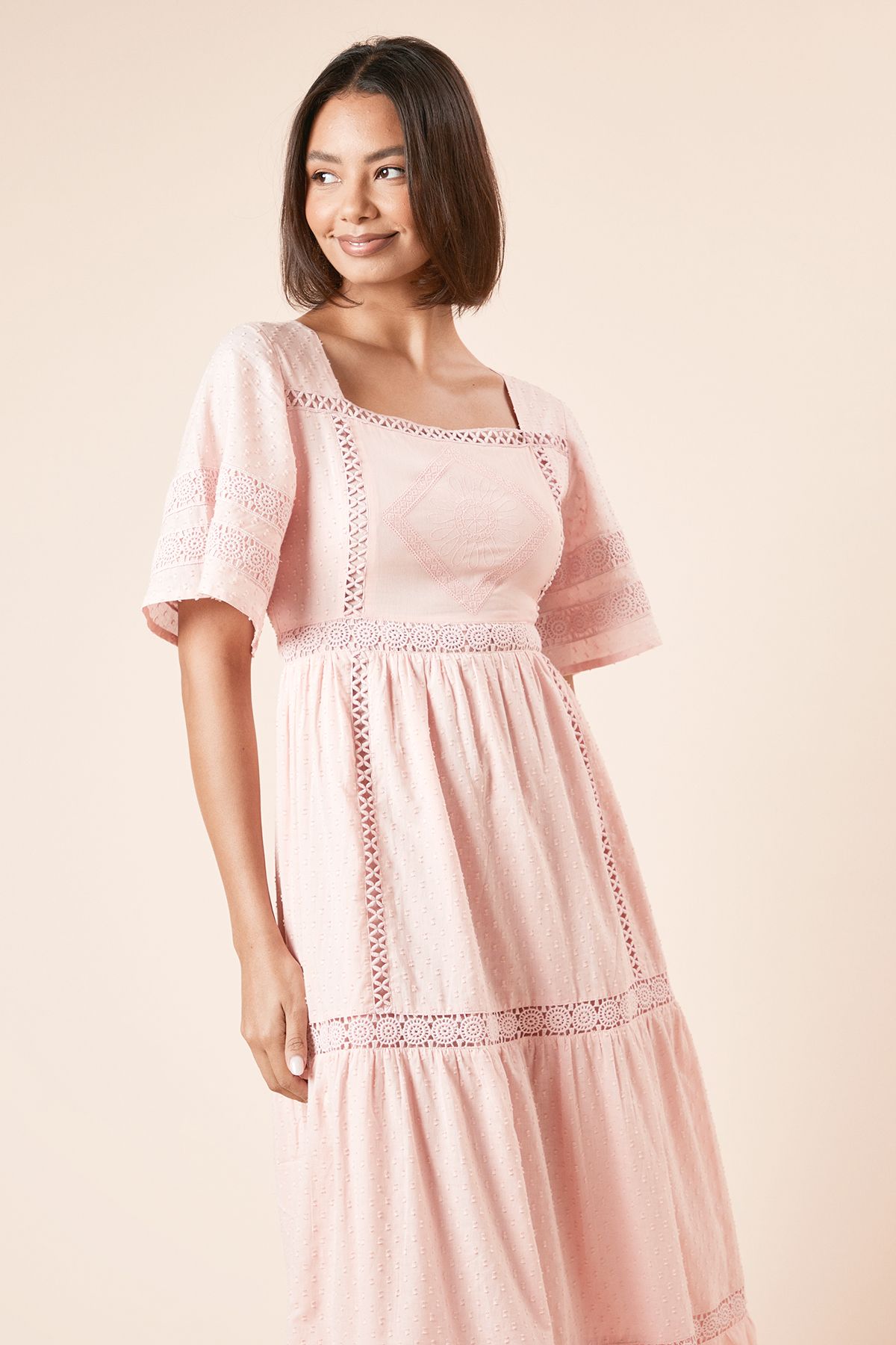 Dorothy Perkins Embroidered Front Angel Sleeve Midi Dress Pink image 4
