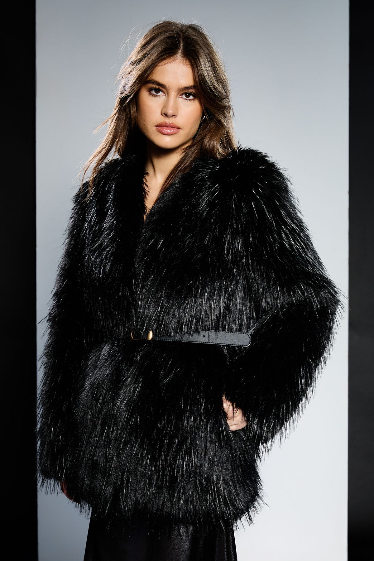RUNWAY 1.8.1.8 Runway 1.8.1.8 Shaggy Faux Fur Belt Detail Coat Black image 1