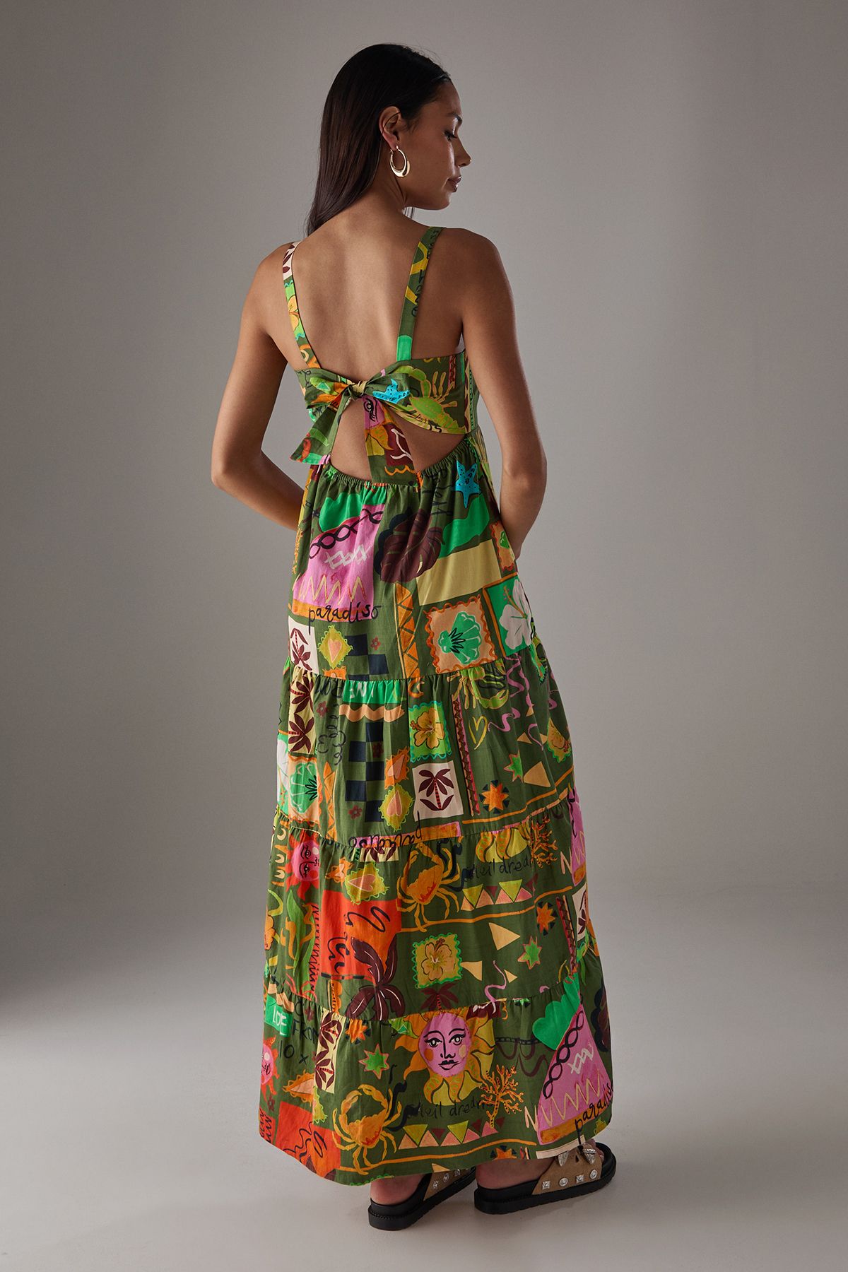 Warehouse HCD Cotton Strappy Tie Back Tier Midi Sundress Multi image 3