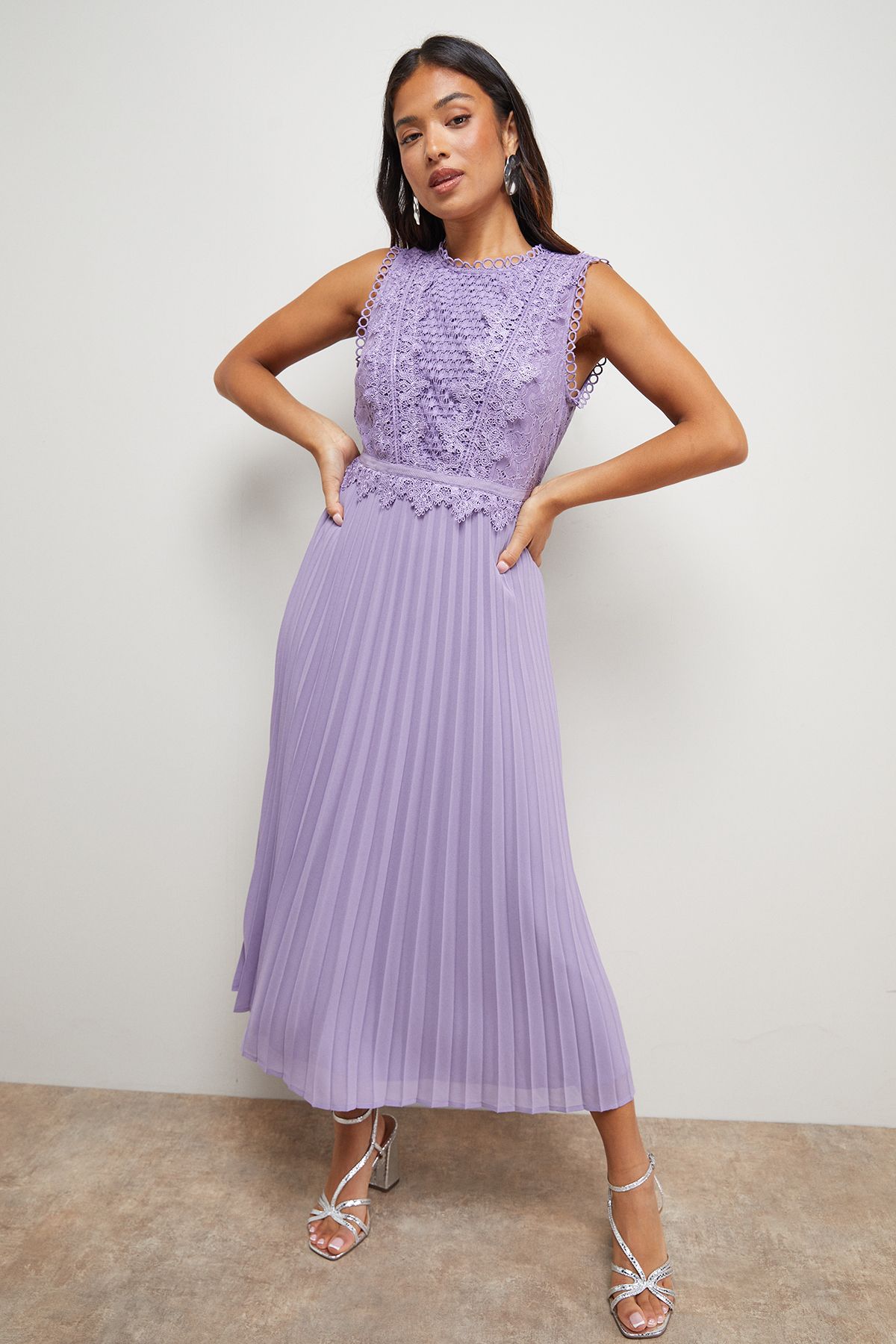 Oasis Petite Lace Pleated Sleeveless Midi Dress Mink image 1