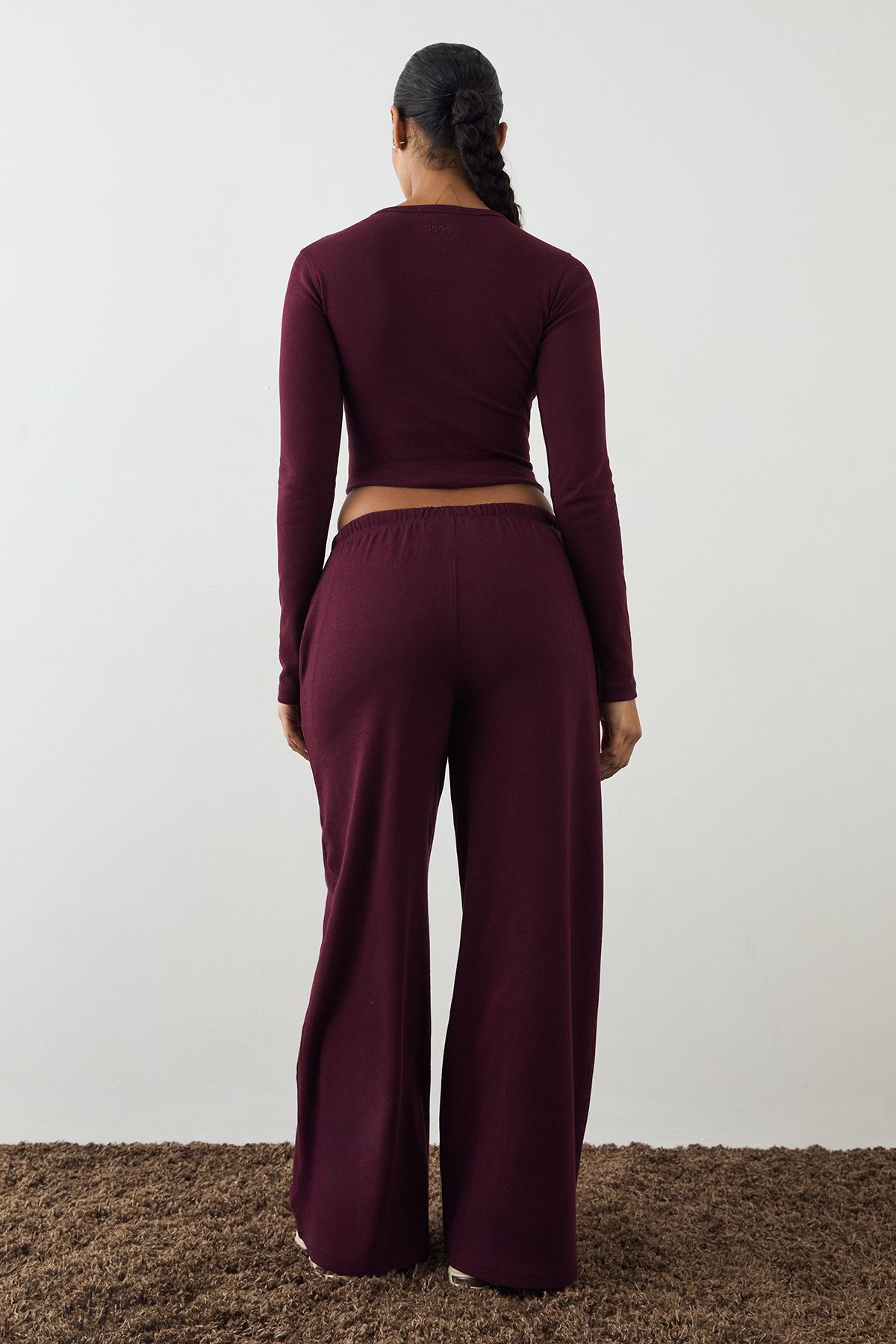 DSGN Studio DSGN Studio Embroidered Rib Wide Leg Trouser Burgundy image 2