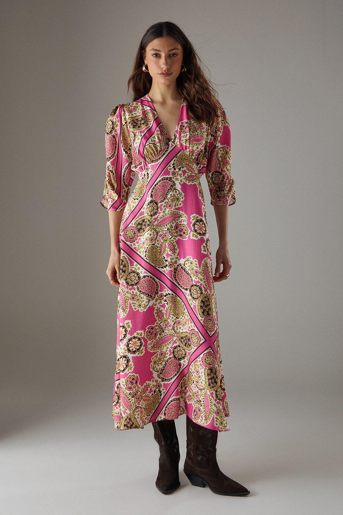 Warehouse Viscose Paisley V Neck Puff Sleeve Midi Dress Multi