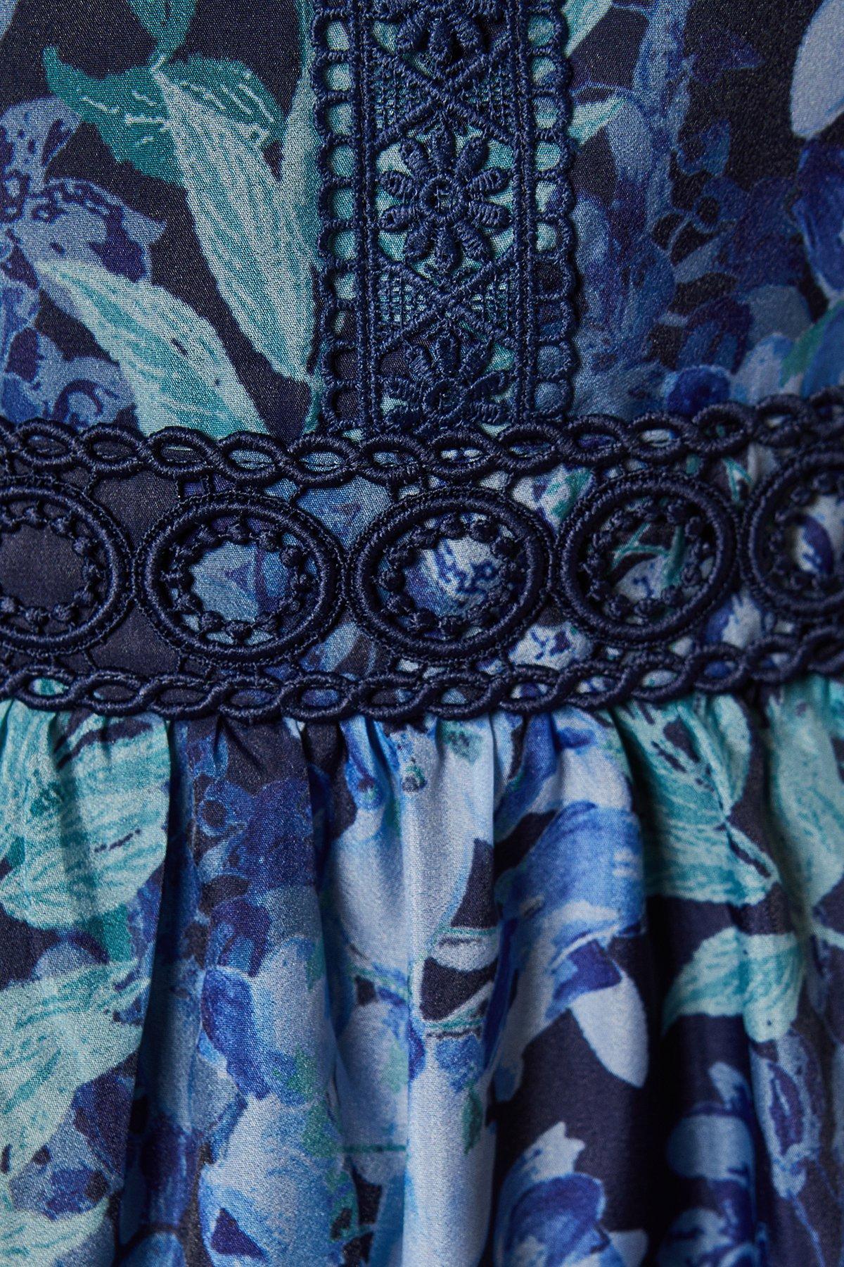 Oasis Floral Printed Organza Lace Trim Midaxi Dress Navy image 5